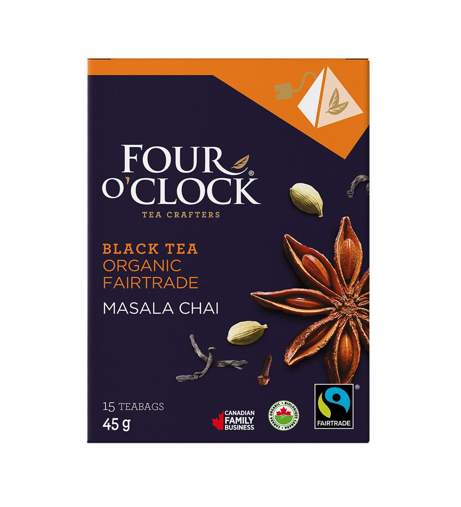 Four O'Clock Organic Fairtrade Black Tea Masala Chai Non-Gmo Kosher Gluten-Free 15 Count Pyramid 45g - Buy Online on GoSupps.com