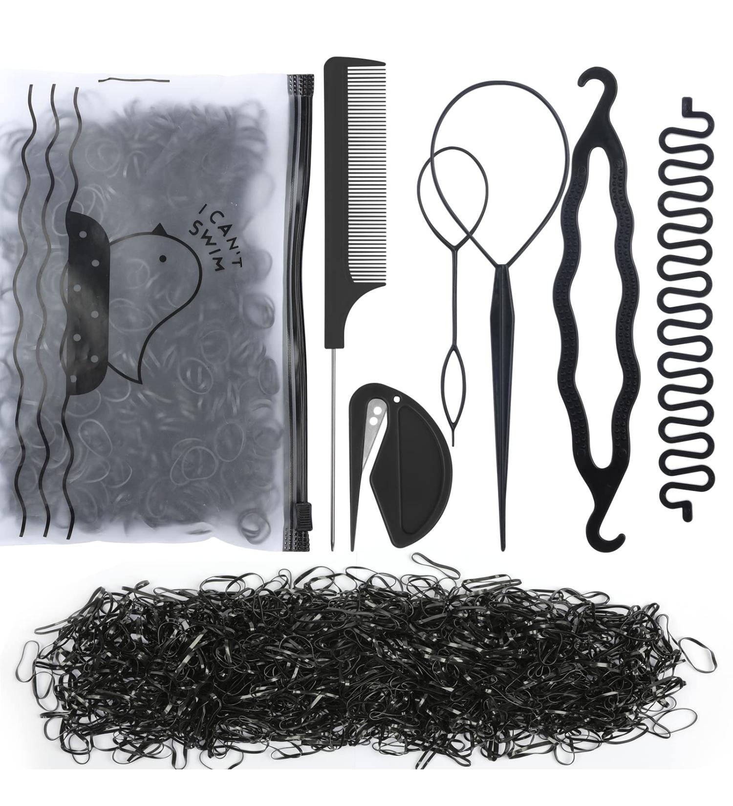 1006 Pcs Hair Loop Tool Set with Topsy Tail, Ponytail Cutter & Metal Pin Comb - Hair Styling Kit with Braiding Tools & 1000 Black Rubber Bands for Women - Buy Online on GoSupps.com
