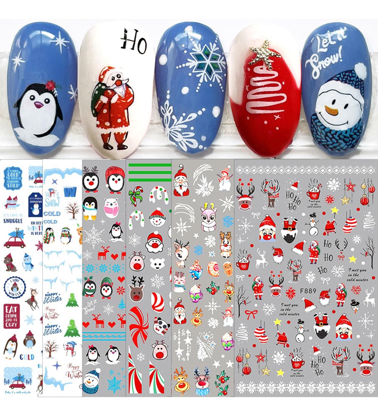 10 Sheets Christmas Nail Art Stickers Decals Self-Adhesive Kids Cute Bule White Pine Tree Reindeer Nail Supplies Nail Art Design Decoration Accessories - Buy Online on GoSupps.com
