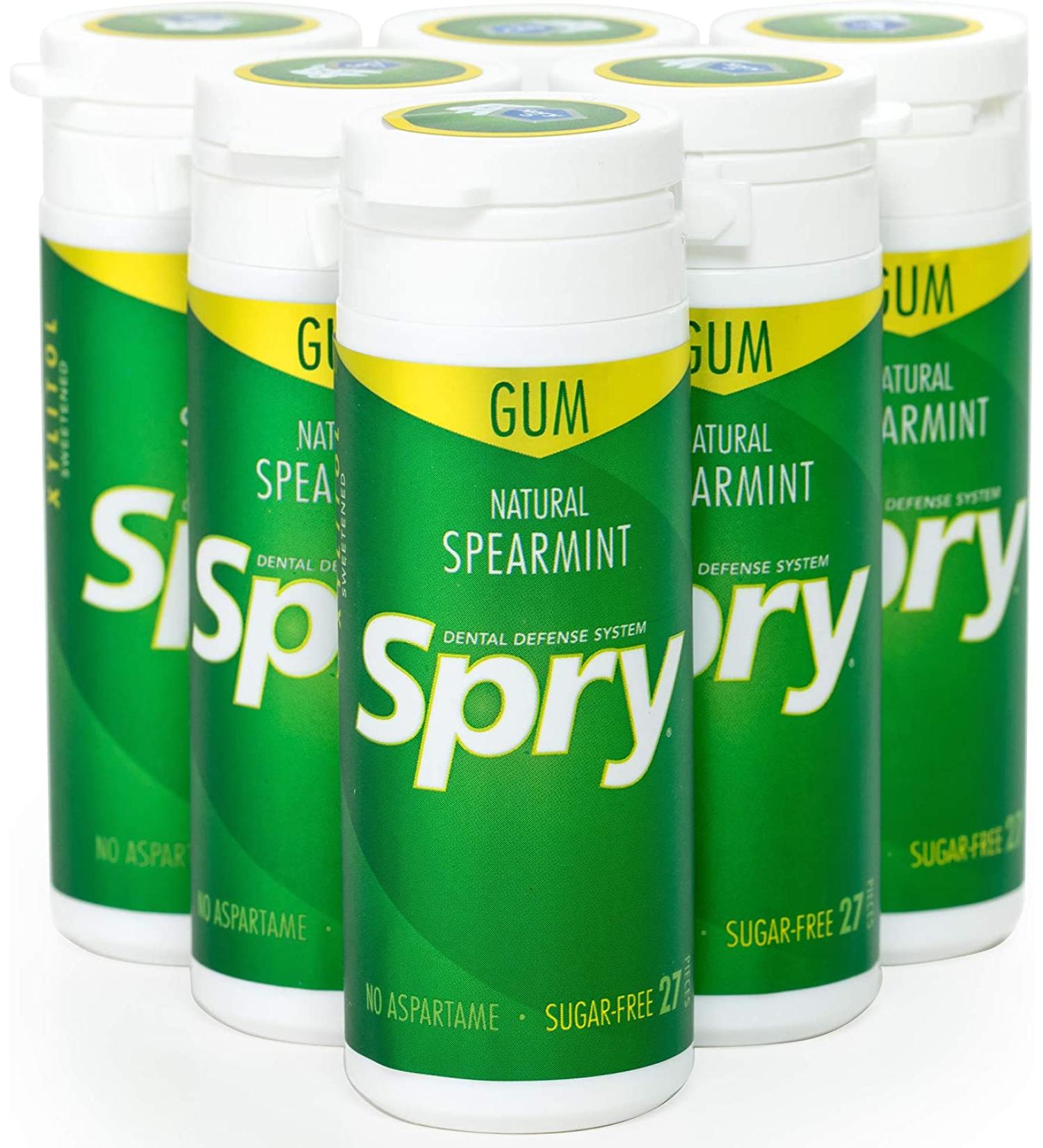 Spry Fresh Natural Xylitol Chewing Gum Dental Defense System Aspartame-Free Sugar Free Gum - Spearmint - 27 Count - Pack of 6