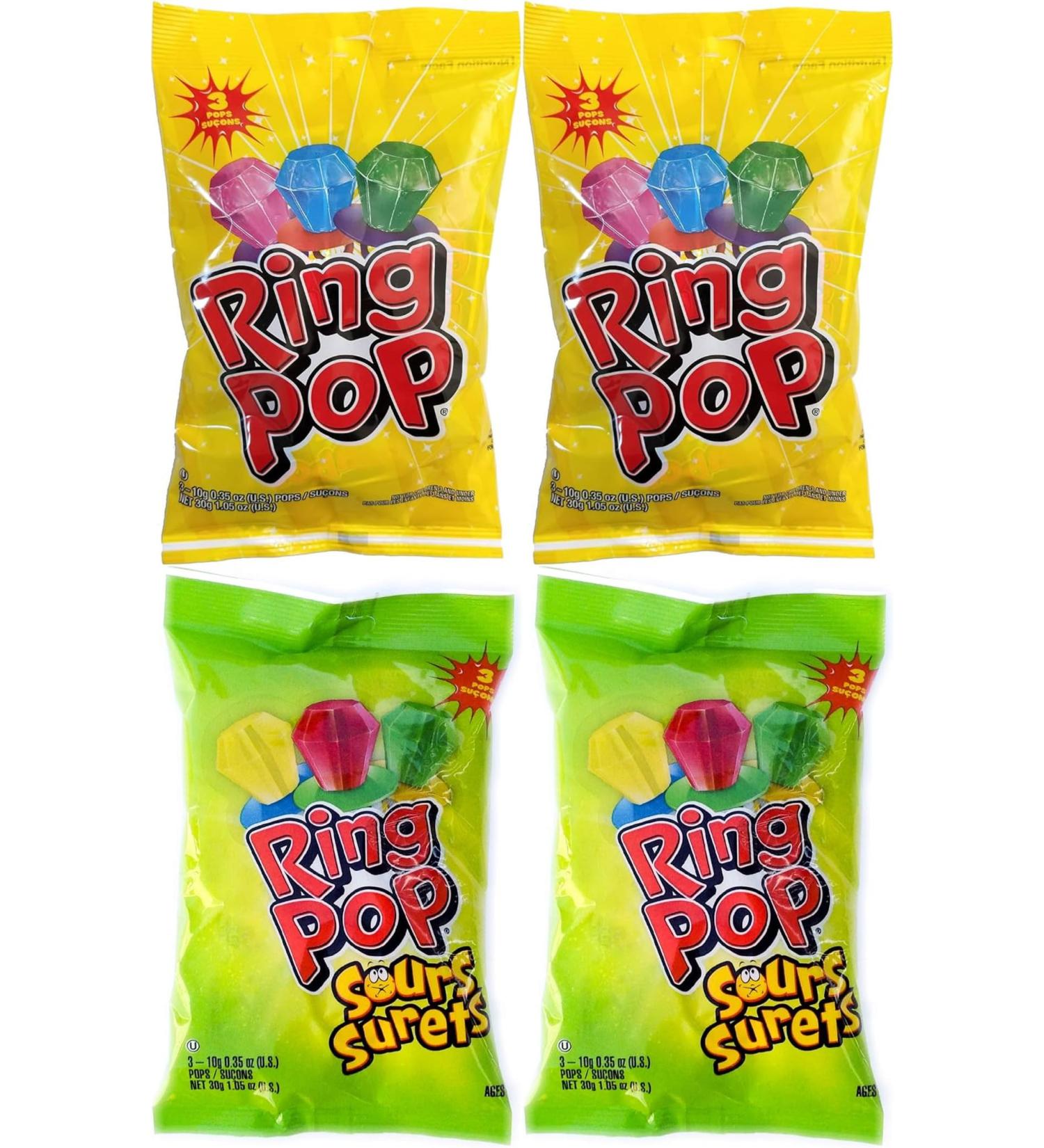 Value Bundle - Ring Pops and Ring Pops Sour Hard Candy Bags BonBon - Candies - Bonbon Exotique - Individually Wrapped Candy - Snacks for Kids & Adults - Bulk Candy Pack of 4 Bags