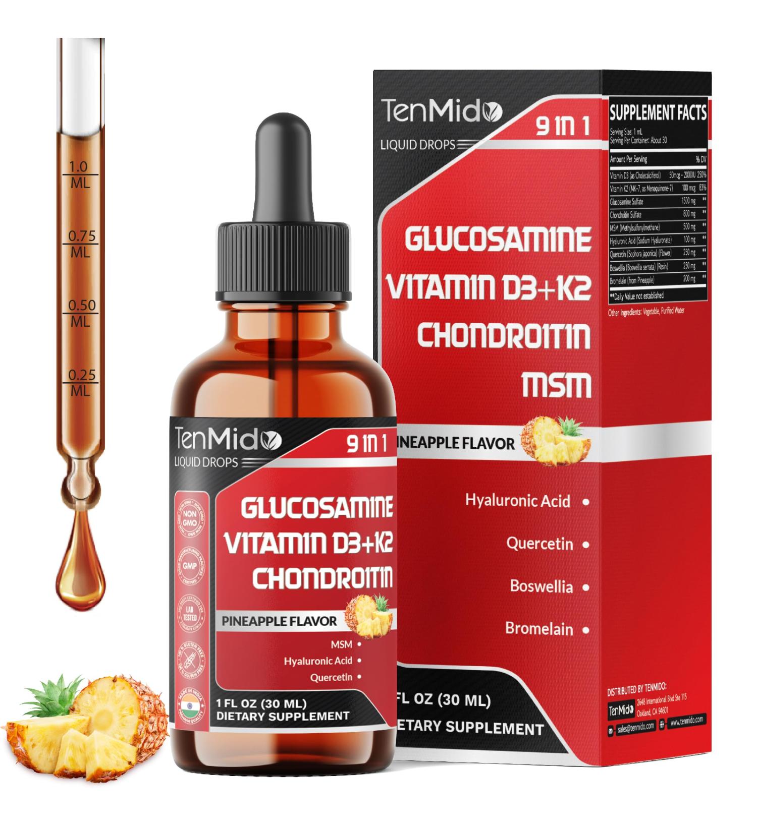 Tenmido Glucosamine Chondroitin MSM Liquid Drops - 9in1 with Vitamin D3 Vitamin K2 Hyaluronic Acid Quercetin Boswellia and Bromelain - Vegan Non-GMO - 30ml 1 Fl Oz - Buy Online on GoSupps.com