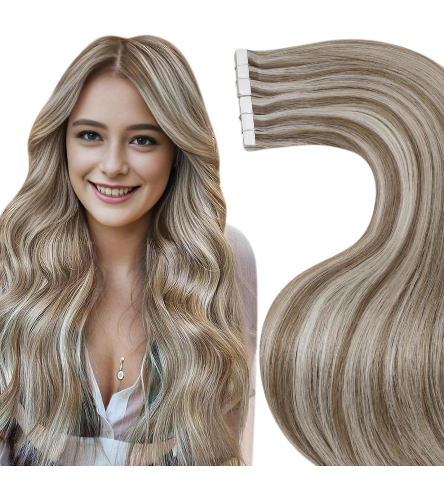 Extensions Real Hair Tape In - Brown Blonde Remy Human Hair Light Brown Highlights Seamless 50g 20pcs #P8/24 55cm | International Shipping - Buy Online on GoSupps.com