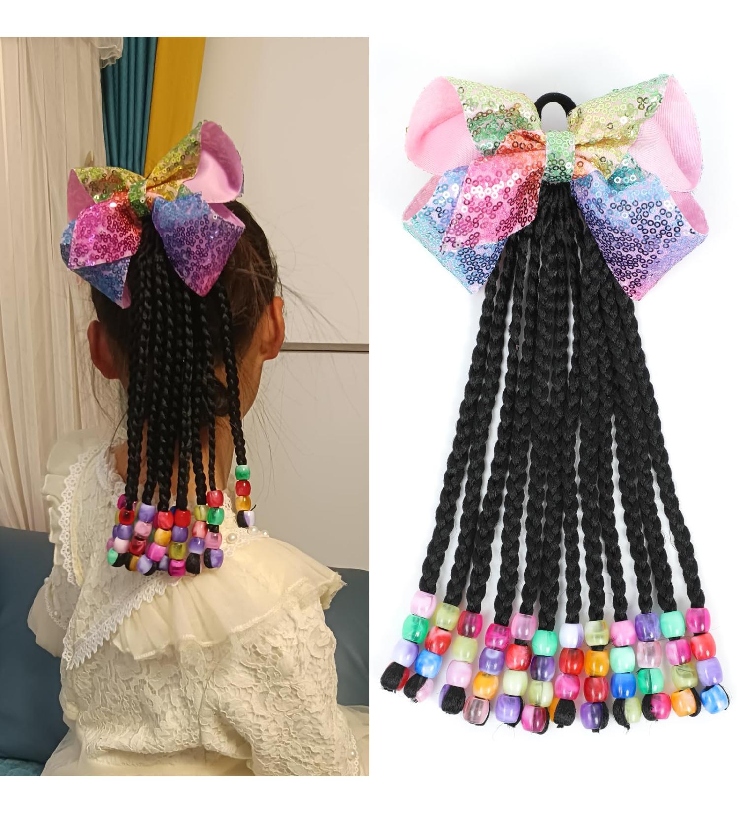 Kids Ponytail With Beads Braids Hair Extension Detachable Synthetic Curly Hairpieces With Bows Protective Easy Hairstyle For Girls Toddlers Children Gift Box Braids-9 Inch BOX-9inch-Black&White-Black Hair Clip - Buy Online on GoSupps.com