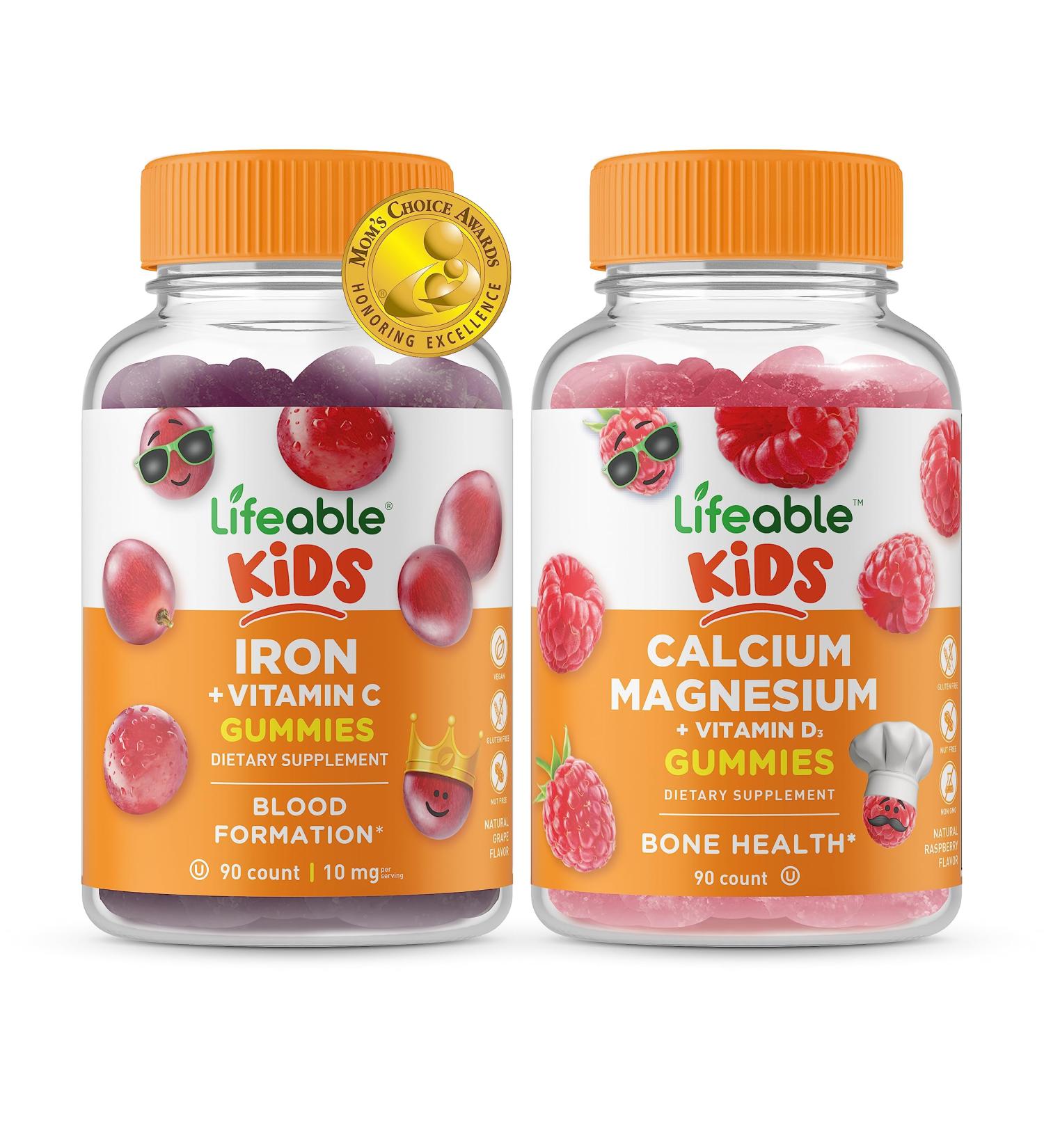 Lifeable Iron & Vitamin C Kids + Calcium Magnesium Kids Gummies Bundle - Great Tasting Vitamin Supplement Gluten Free GMO Free Chewable Gummy