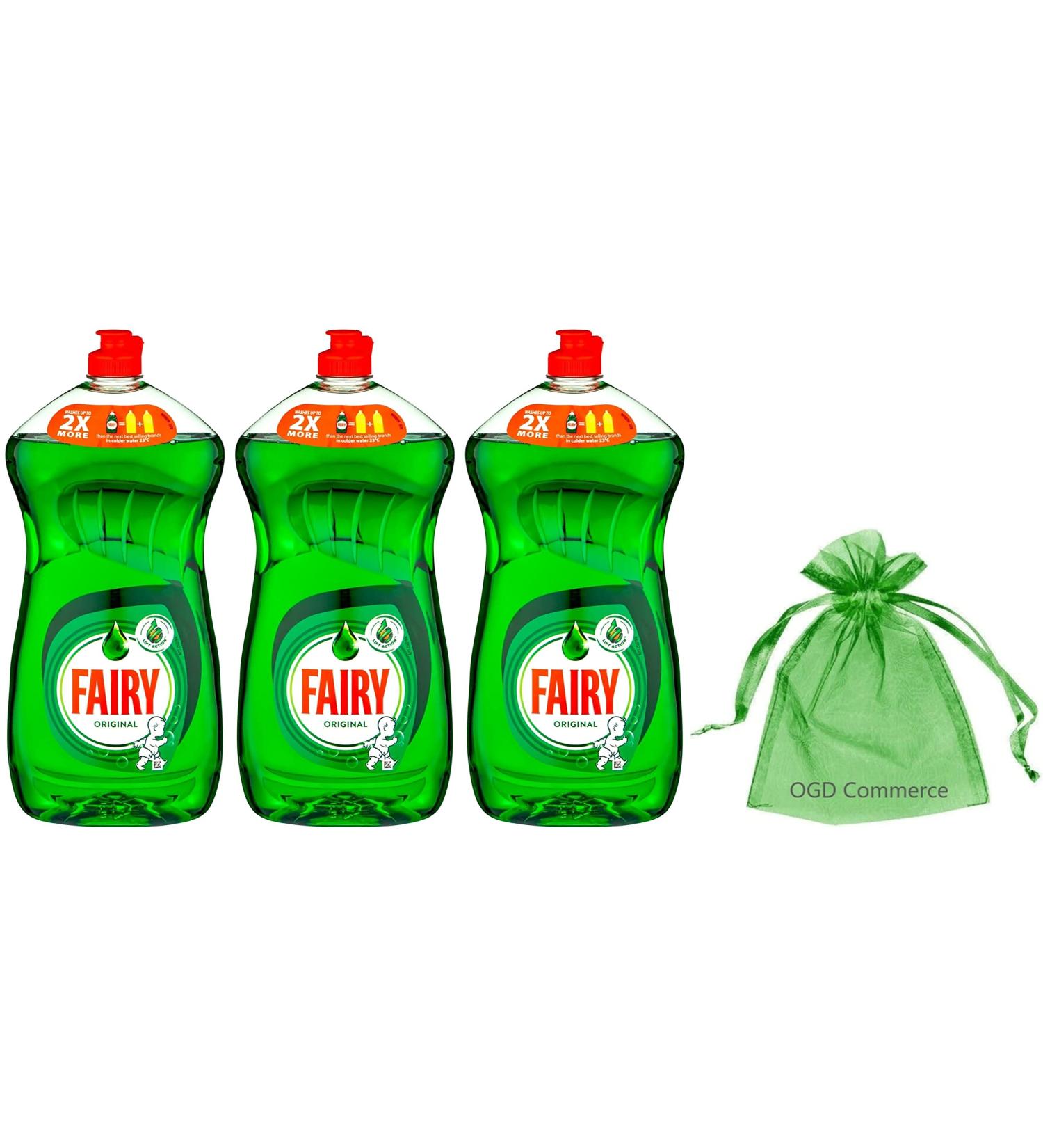 Fairy Original Washing Up Liquid 1190ml with Lift Action Green 3Pk + Our Gift for You: Organza Small Bag Size: 9x7x0.1cm - Buy Online on GoSupps.com