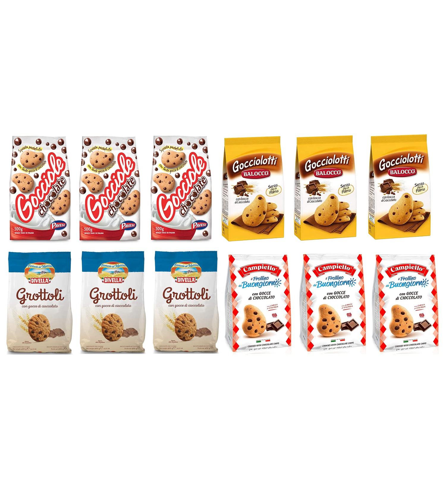 Pavesi Trial Pack with Chocolate Drops Pavesi Gocciole (3 x 500 g) + Balocco Gocciolotti (3 x 350 g) + Campiello Frollini del Buongiorno (3 x 350 g) + Divella Grottoli (3 x 400 g) 1 oz)