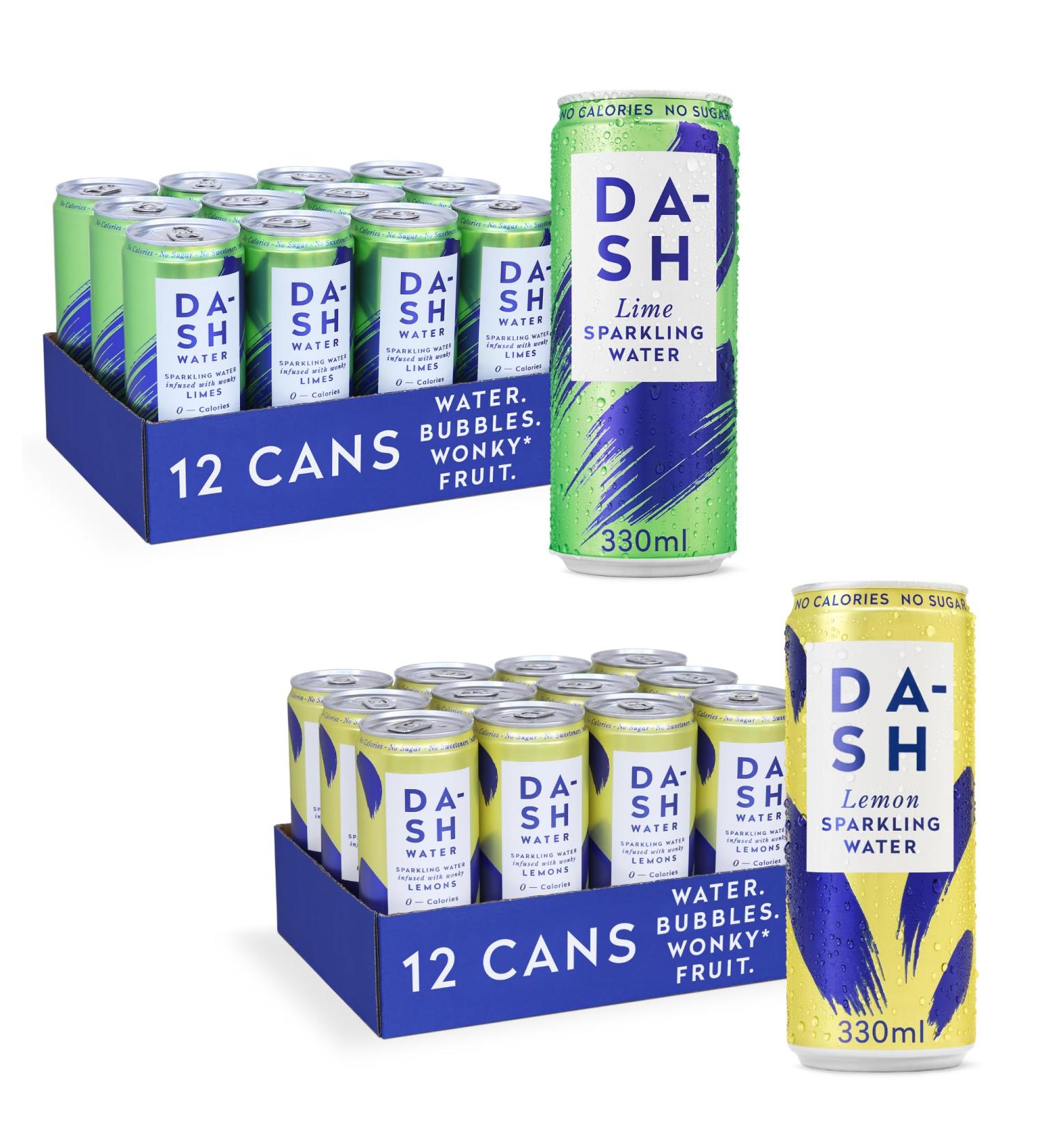 Dash Water Lime & Lemon - 24 x Flavoured Sparkling Spring Water NO Sugar NO Sweetener NO Calories - Infused with Wonky Fruit (12 Lime & 12 Lemon x 330ml cans) - Buy Online on GoSupps.com