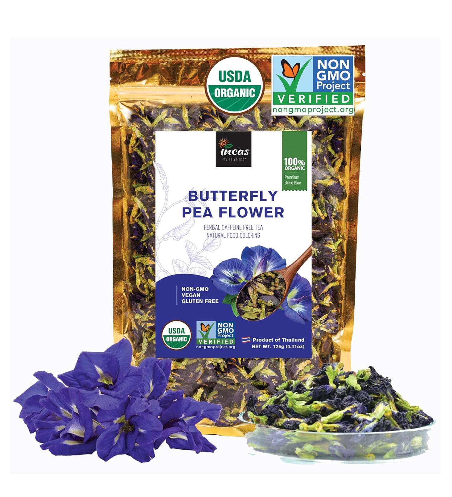 Organic Butterfly Pea Flowers 4.41 oz - Non GMO Verified, Gluten Free, Vegan - Rich in Antioxidants - Free eBook Included - From Thailand - Incas - Buy Online on GoSupps.com