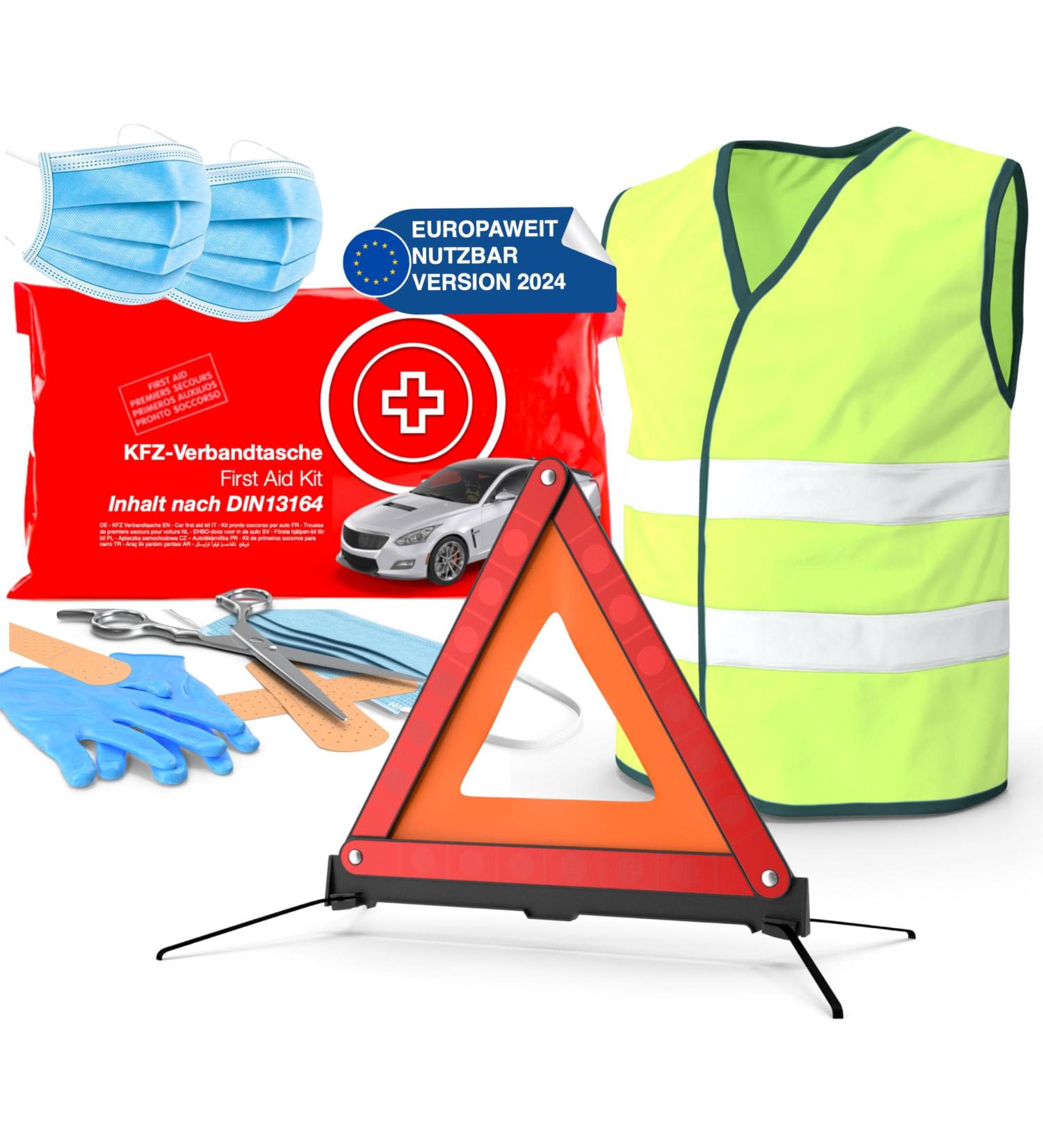 Buy 3-in-1 Auto & Car First Aid Kit 2024 - EN ISO 20471 Compliant Includes Pocket First Aid Warning Vest & Triangle - Essential Car Accessories for Safety - Buy Online on GoSupps.com