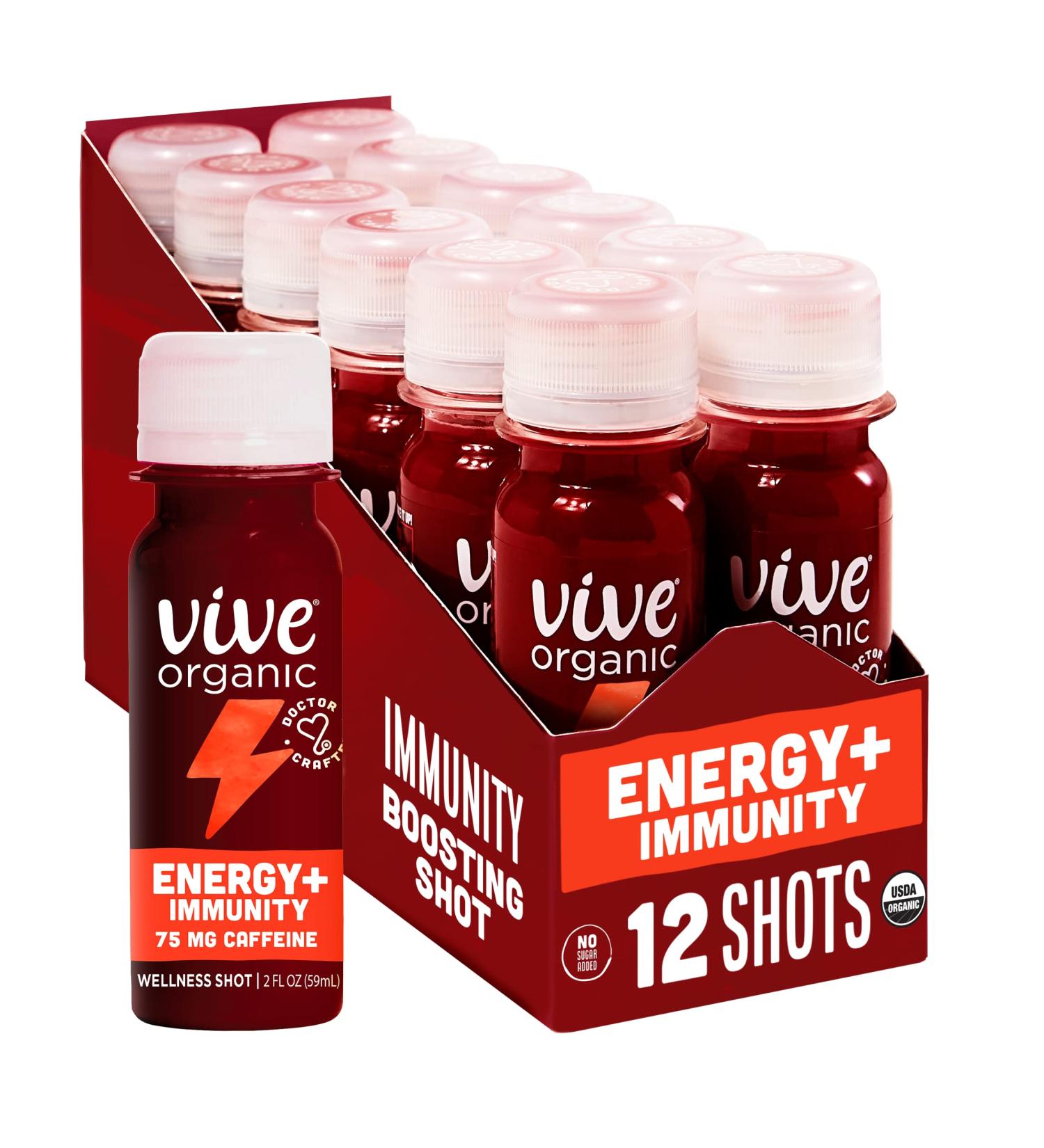 Vive Organic Energy Shot + Immune Support with Ashwagandha, Green Tea, Caffeine | 2 Fl Oz (Pack of 12) - Gluten Free, Vegan | Energy & Focus Boost - Buy Online on GoSupps.com