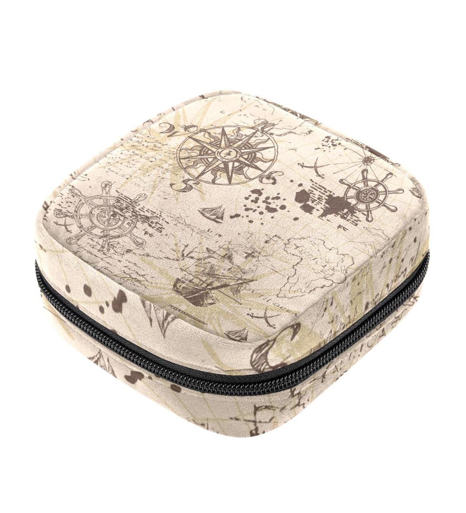 Menstrual Bag with Zipper - Stylish Ladies Napkin & Tampon Collection Bag for Women & Girls | Old Map Sailing Design - Buy Online on GoSupps.com