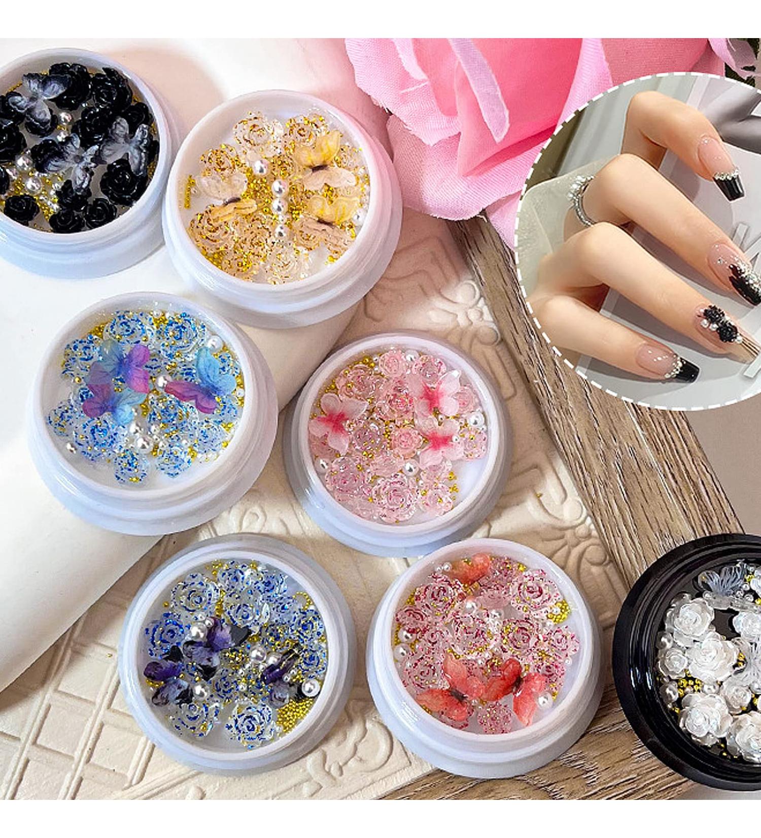 6 Boxes 3D Butterfly Rose Flower Nail Charms - Pink, Black, Blue Mix - Buy Online on GoSupps.com
