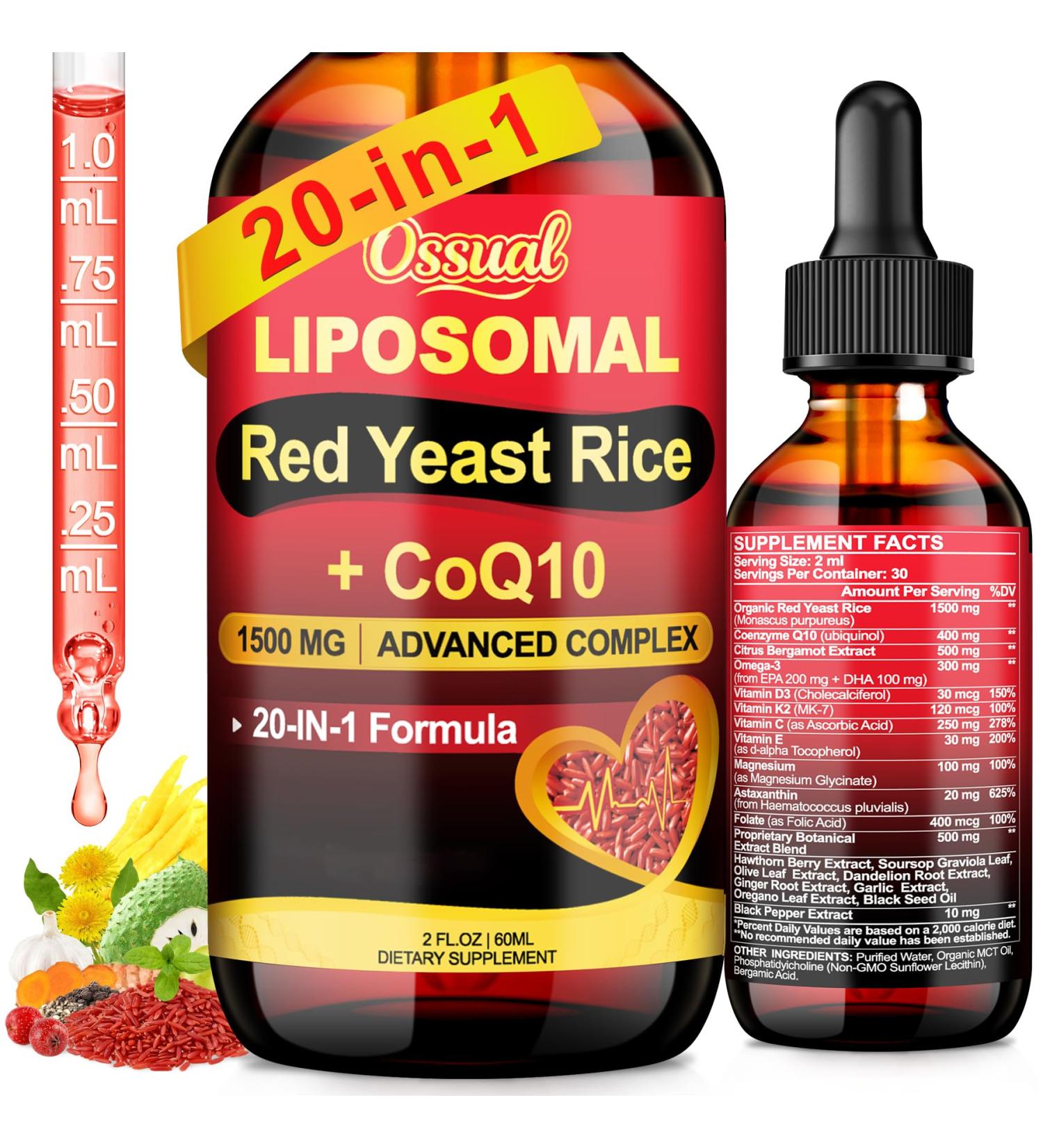 Liposomal Red Yeast Rice with CoQ10 Drops 1500mg, 20-in-1 with 400mg CoQ10 Cholesterol & Heart Formula with Citrus Bergamot, Astaxanthin, Vegan, Citrinin-Free | 2 Fl OZ 2 Fl Oz (Pack of 1) - Buy Online on GoSupps.com