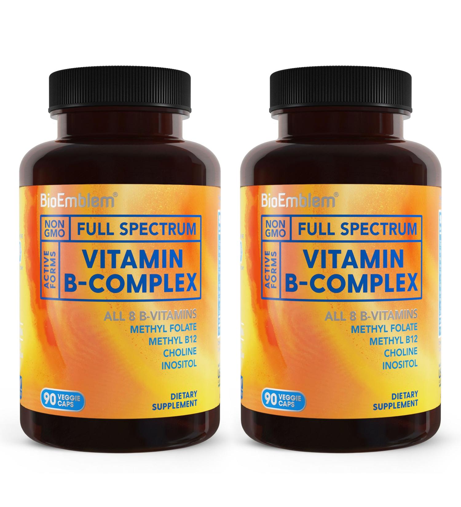 BioEmblem Vitamin B Complex | All 8 Essential Vitamins with Methyl Folate Methyl B12 Choline & Inositol | Non-GMO Vegan Gluten-Free | Energy Brain and Metabolism Support | 180 Capsules 2pack_90 Capsule - Buy Online on GoSupps.com