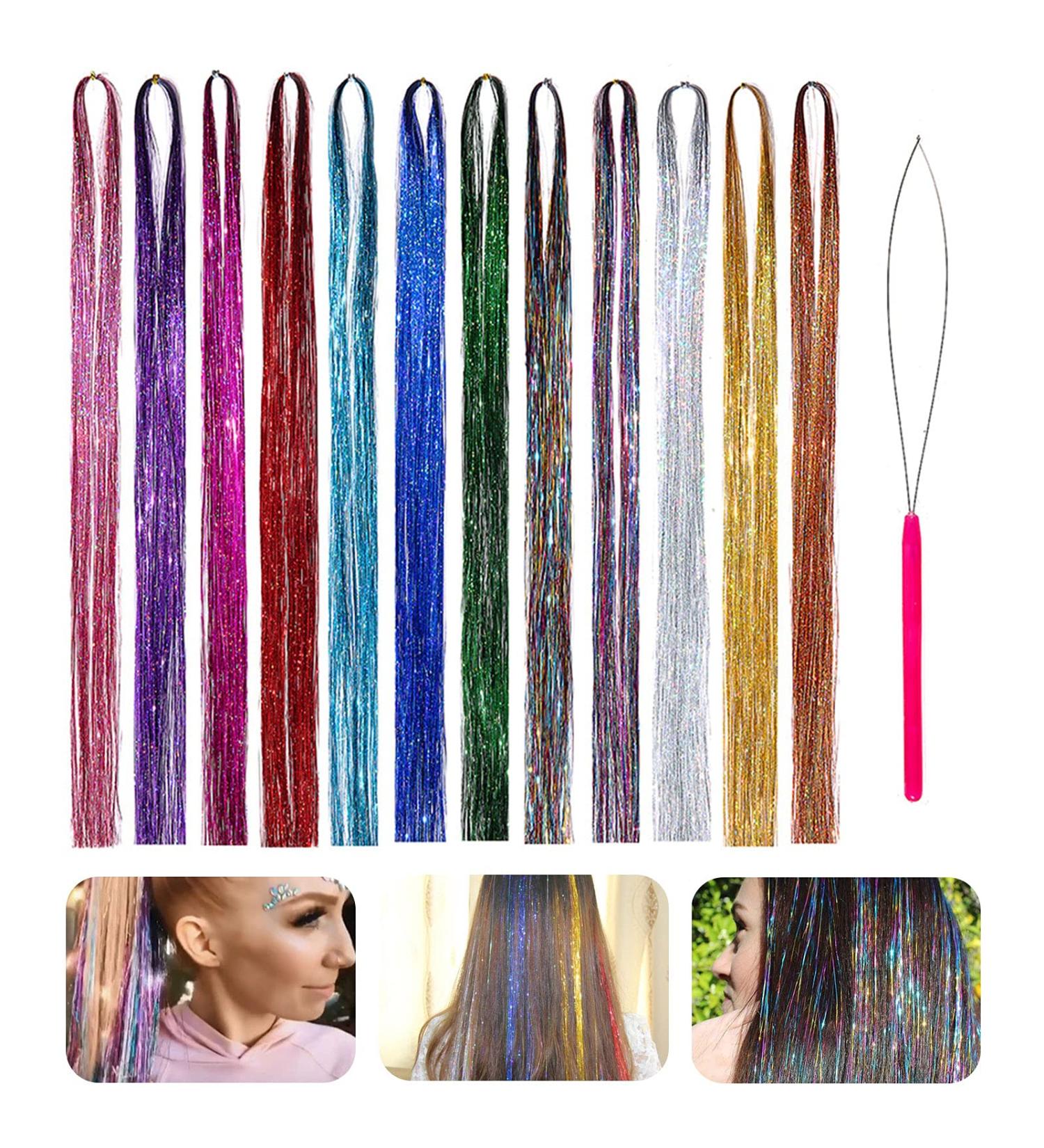 12 Colors Lametta Hair Extensions Set - 1440 Strands Glittery Hair Sparkle for Girls Women & Kids | Multi-Colored Party Hair Accessories - Buy Online on GoSupps.com