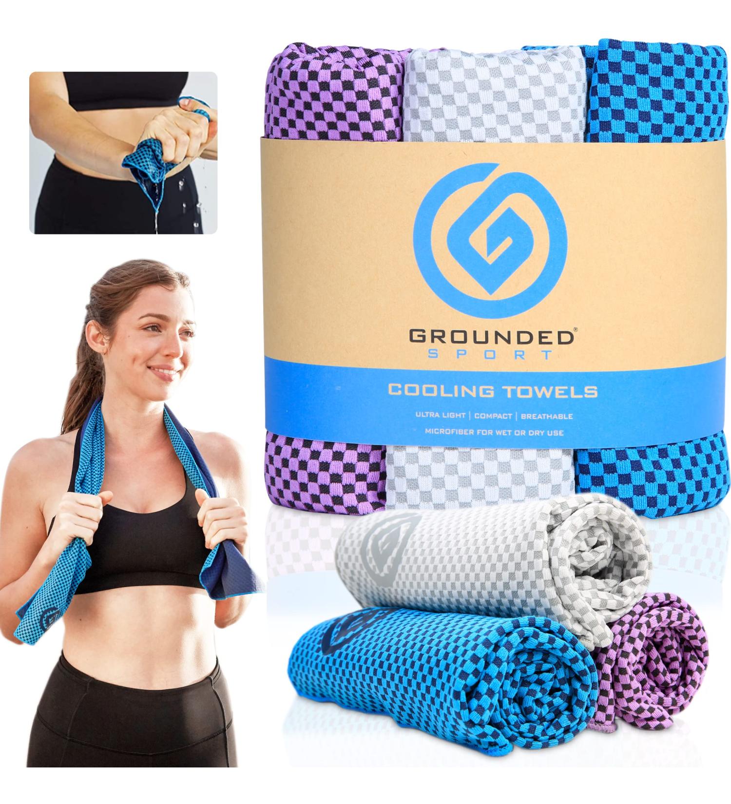 3 Pack Cooling Towels - Lightweight Microfiber Towel for Gym, Workout, Sport & Sweat - Quick Dry Towel for Body, Neck & Face - Ideal for Work, Travel, Camping, Swimming, Beach & Hot Weather - Men & Women - Blue/Gray/Purple - Buy Online on GoSupps.com