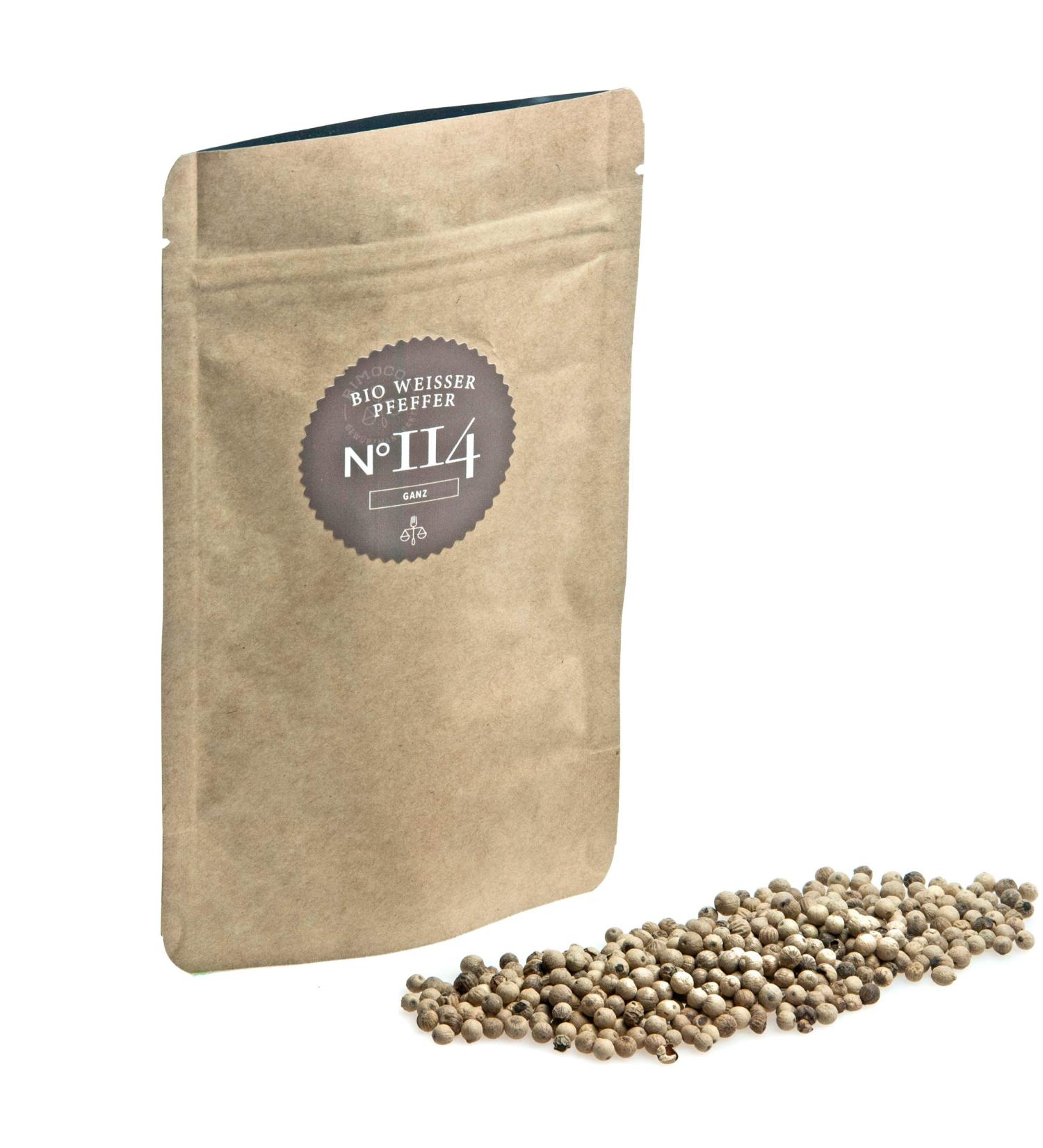 Rimoco N 114 Organic White Pepper - Malabar Peppercorns 80g | Sweet & Mild | Eco-Friendly ZIP Bag (DE- KO-007) - International Shipping Available - Buy Online on GoSupps.com