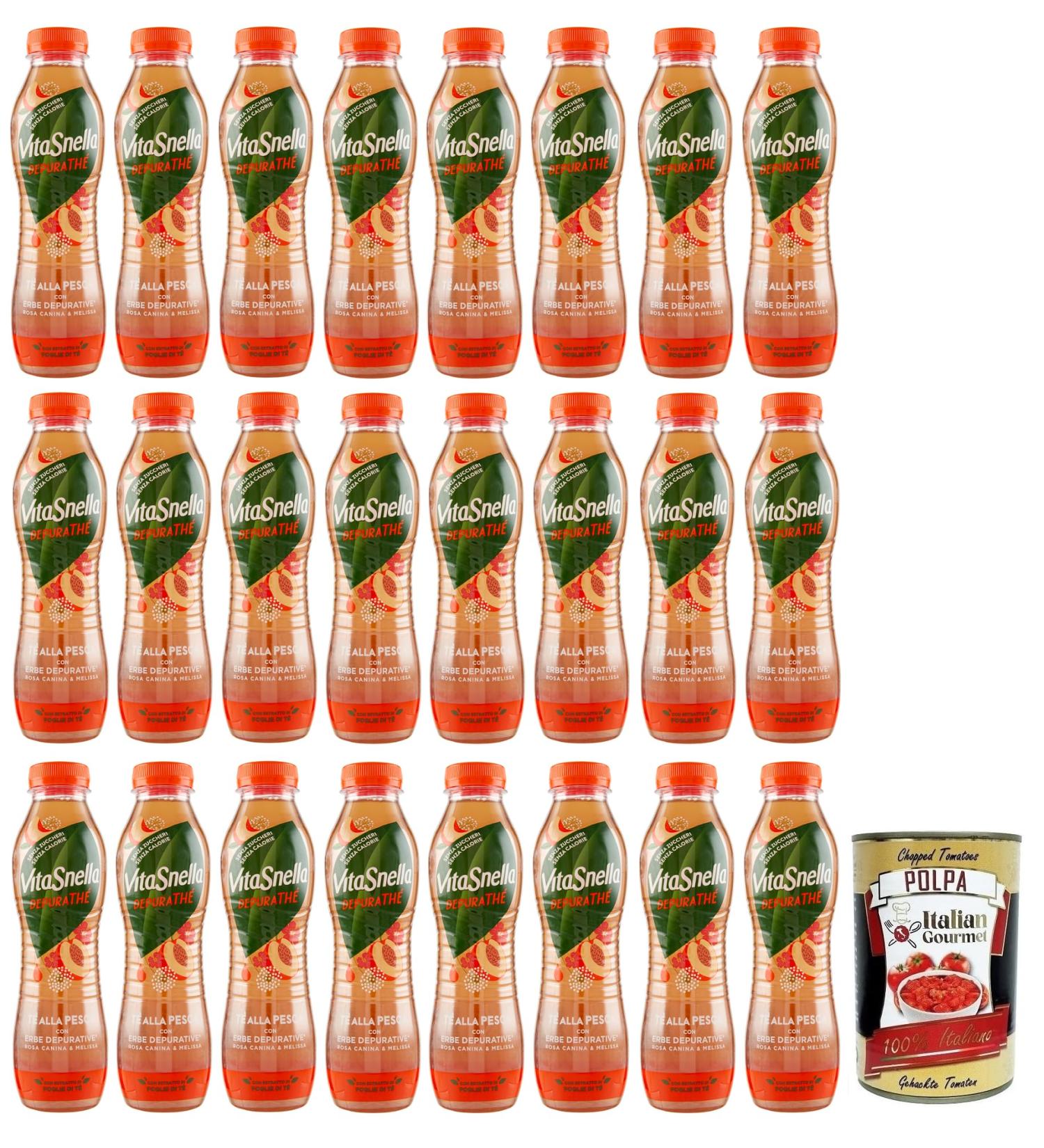  Italian Gourmet E.R. Vitasnella Depurath Peach Iced Tea Pack of 24 Peach Iced Teas with Cleansing Herbs Rosehips and Lemon Balm Sugar-Free Disposable PET 500ml + Italian Gourmet Polpa di Pomodoro 400g Box - Buy Online on GoSupps.com