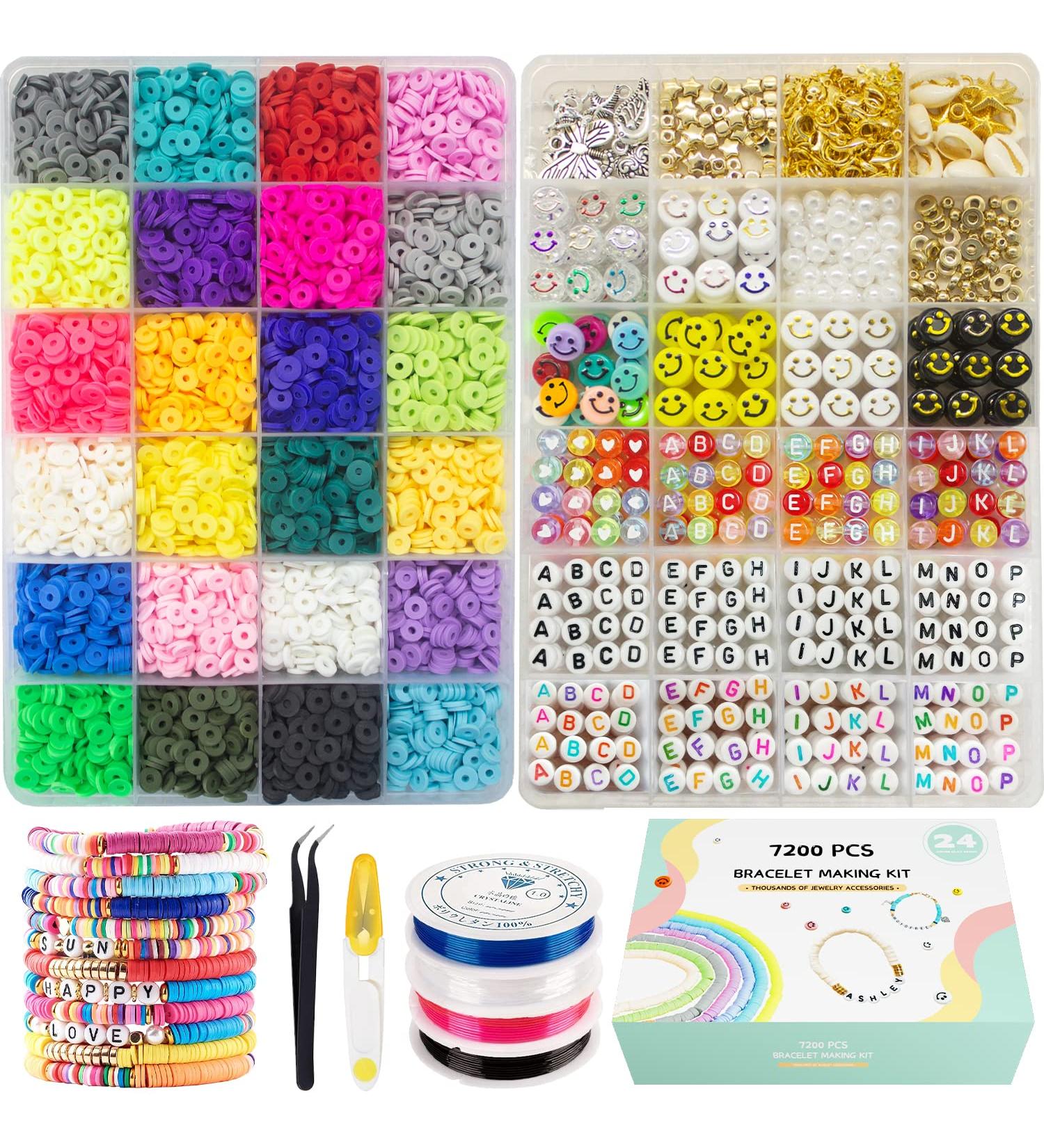 Clay Beads Bracelet Making Kit - 24 Colors, 6000 Flat Heishi Beads, 1200 Jewelry Accessories, 14 A-Z Smiley Face Bead Strings | Jewelry Making Kit for Preppy Girls 6-12 - Buy Online on GoSupps.com