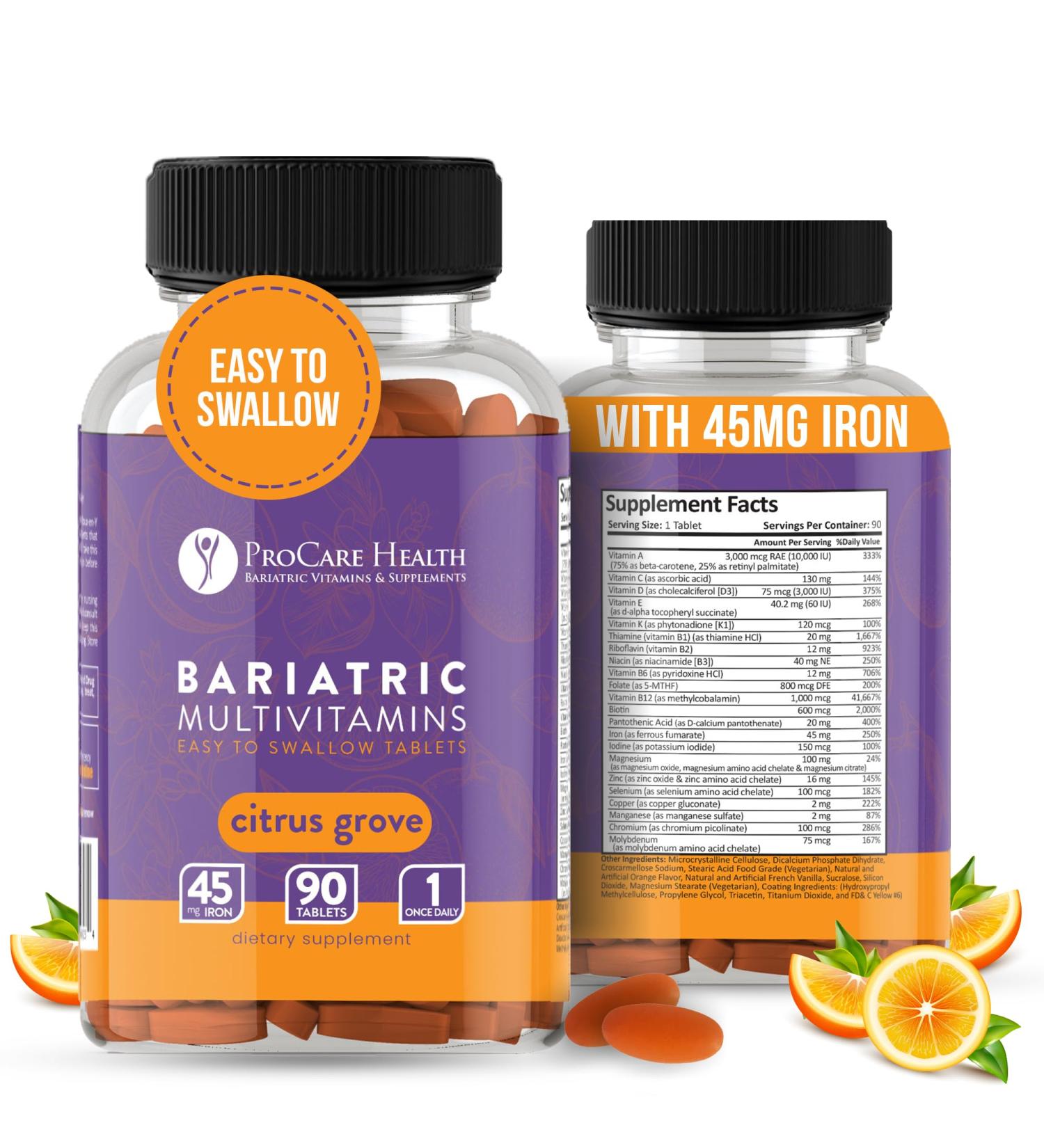 ProCare Health Bariatric Multivitamin with Iron 45mg (90 Easy to Swallow Tablets) - Post Op Bariatric Vitamins for Gastric Bypass Pills for Sleeve Patients Sustains Recovery & Energy (3 Month Supply) 90 Count (Pack of 1) - Buy Online on GoSupps.com