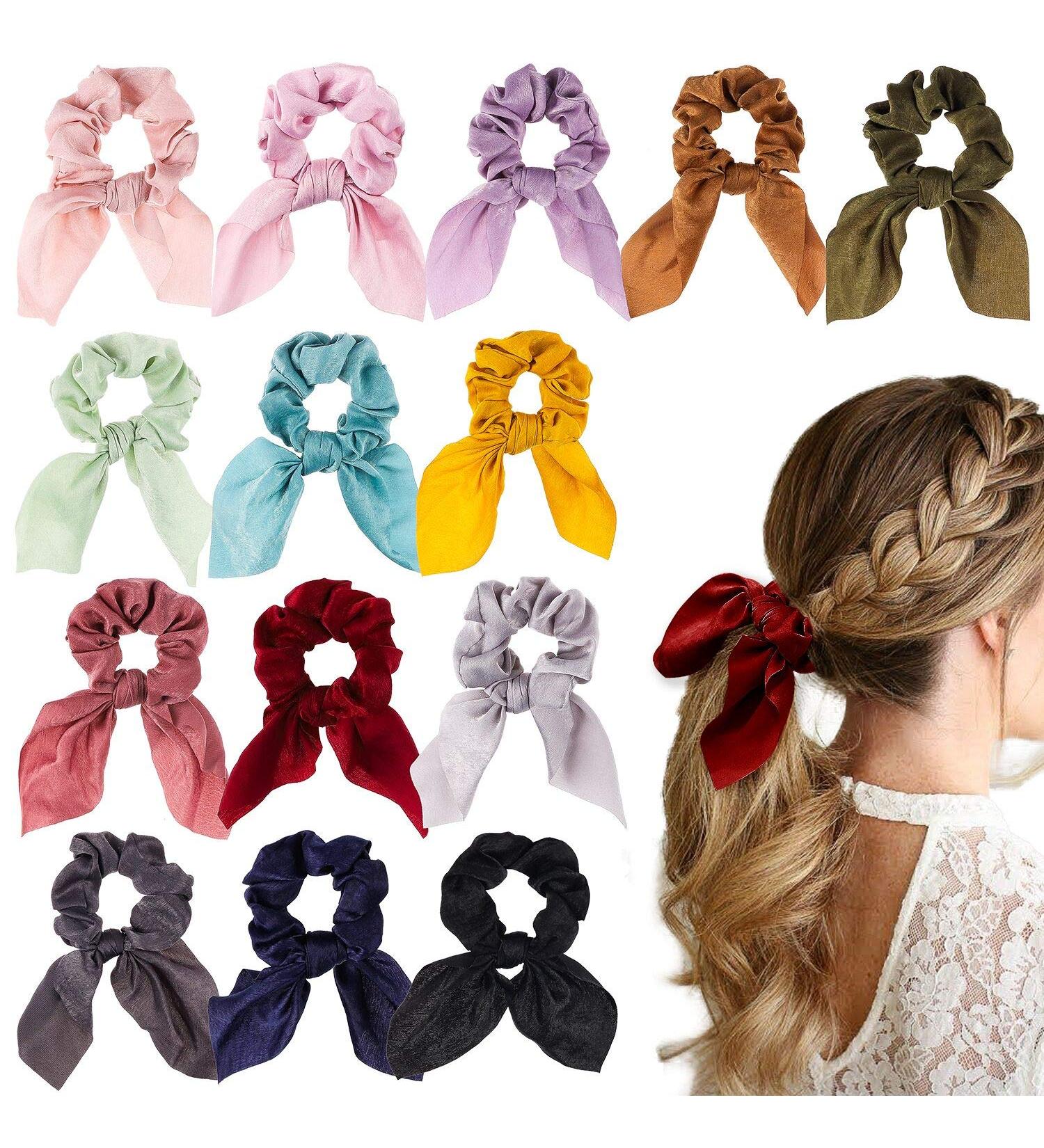 WATINC 14 Pcs Bowknot Hair Scrunchies | Soft Silk Scarf Hair Ties | 2 in 1 Design | Solid Colors & Bows Pattern | Ponytail Holder for Women - Buy Online on GoSupps.com