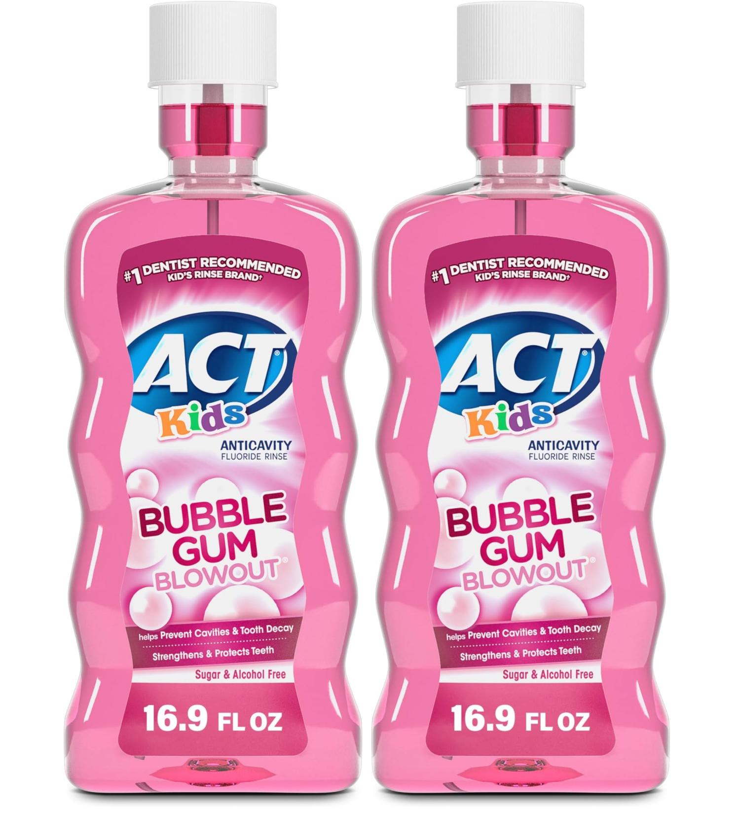 ACT Kids Anticavity Fluoride Mouthwash, Sugar & Alcohol Free Mouth Rinse Strengthens Teeth, Bubble Gum Blowout, 16.9 fl. oz. (Pack of 2) - Buy Online on GoSupps.com