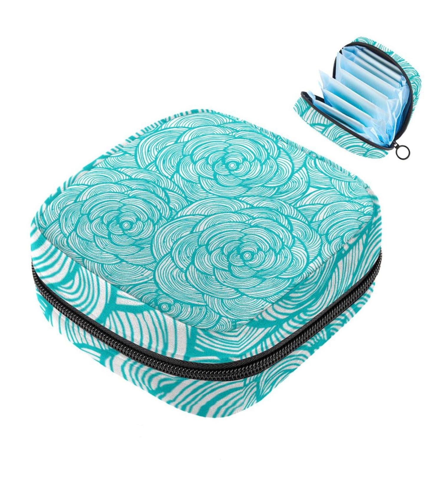 Stylish Turquoise Menstruation Pad Bag with Zipper | Women's Napkin & Tampon Holder | Floral Design For Girls - Buy Online on GoSupps.com