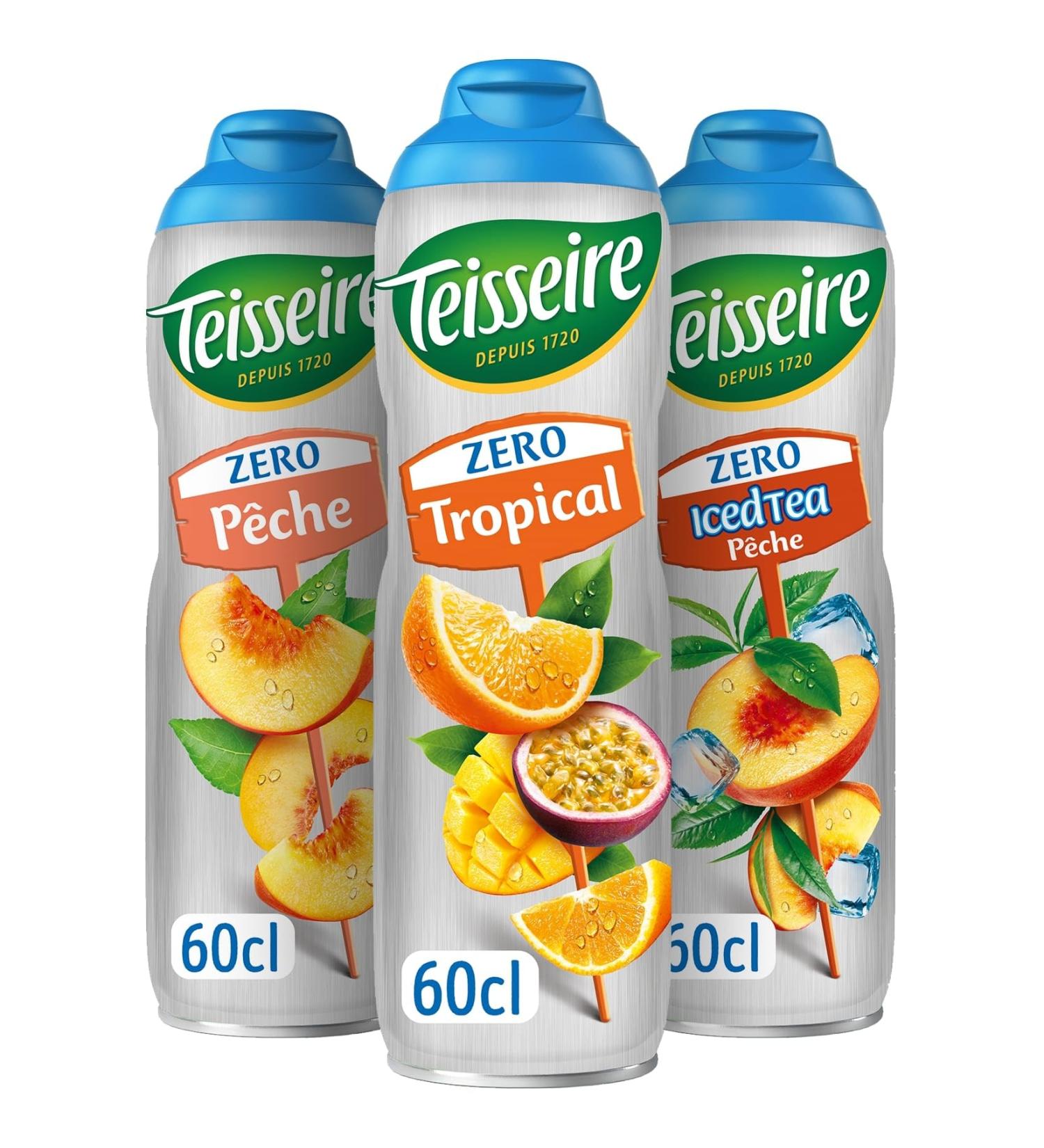 Set of 3 Teisseire Zero Sugar Syrups (Tropical Peach Iced Tea Peach) for Refreshing Drinks Cocktails Recyclable Bottle 3 x 60 cl - Buy Online on GoSupps.com