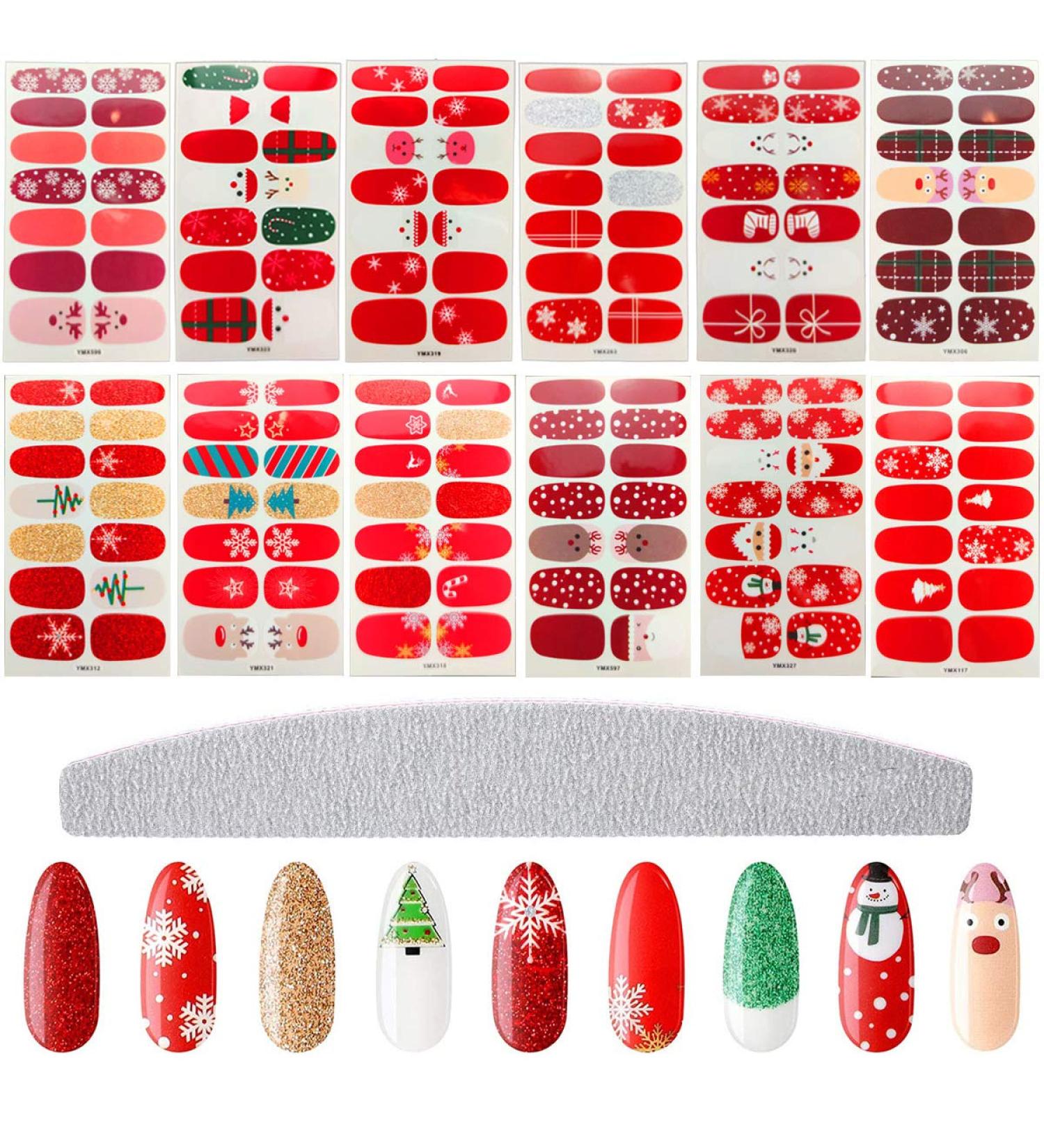 Fantasyon 12 Sheets Christmas Full Nail Wraps DIY Self-Adhesive Nail Polish Stickers with Deer Snowman Xmas Tree Design and Nail File for Girl and Women - Buy Online on GoSupps.com