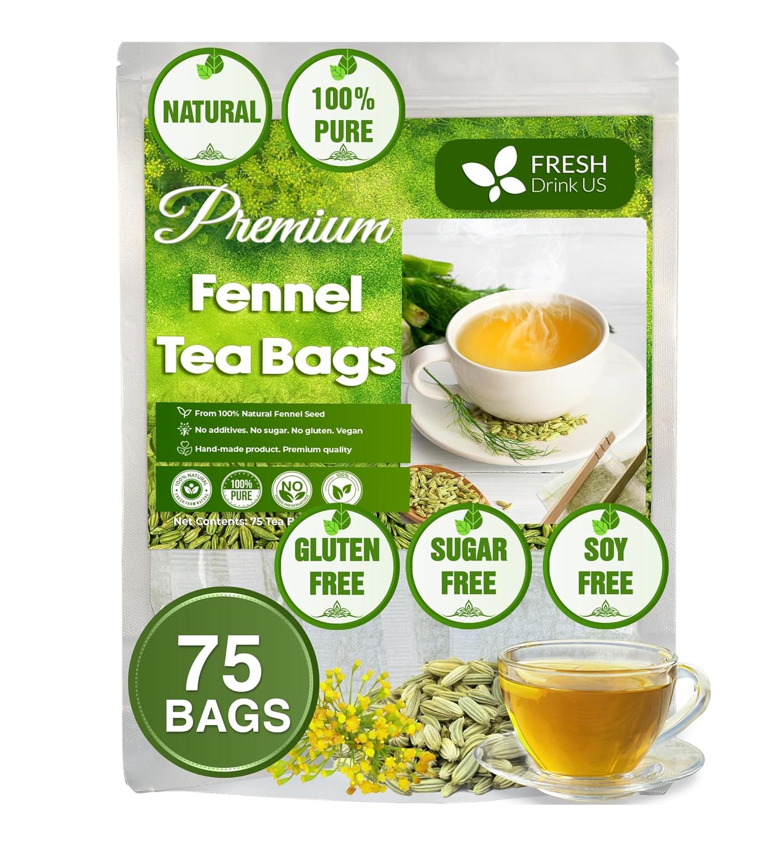 FreshDrinkUS  Premium 75 Fennel Tea Bags  100% Natural & Pure from Fennel Seeds. Fennel Seed Herbal Tea. Fennel Seed Tea. Made with Natural Material Tea Bags. No Sugar  No Caffeine  No Gluten  Vegan. - Buy Online on GoSupps.com