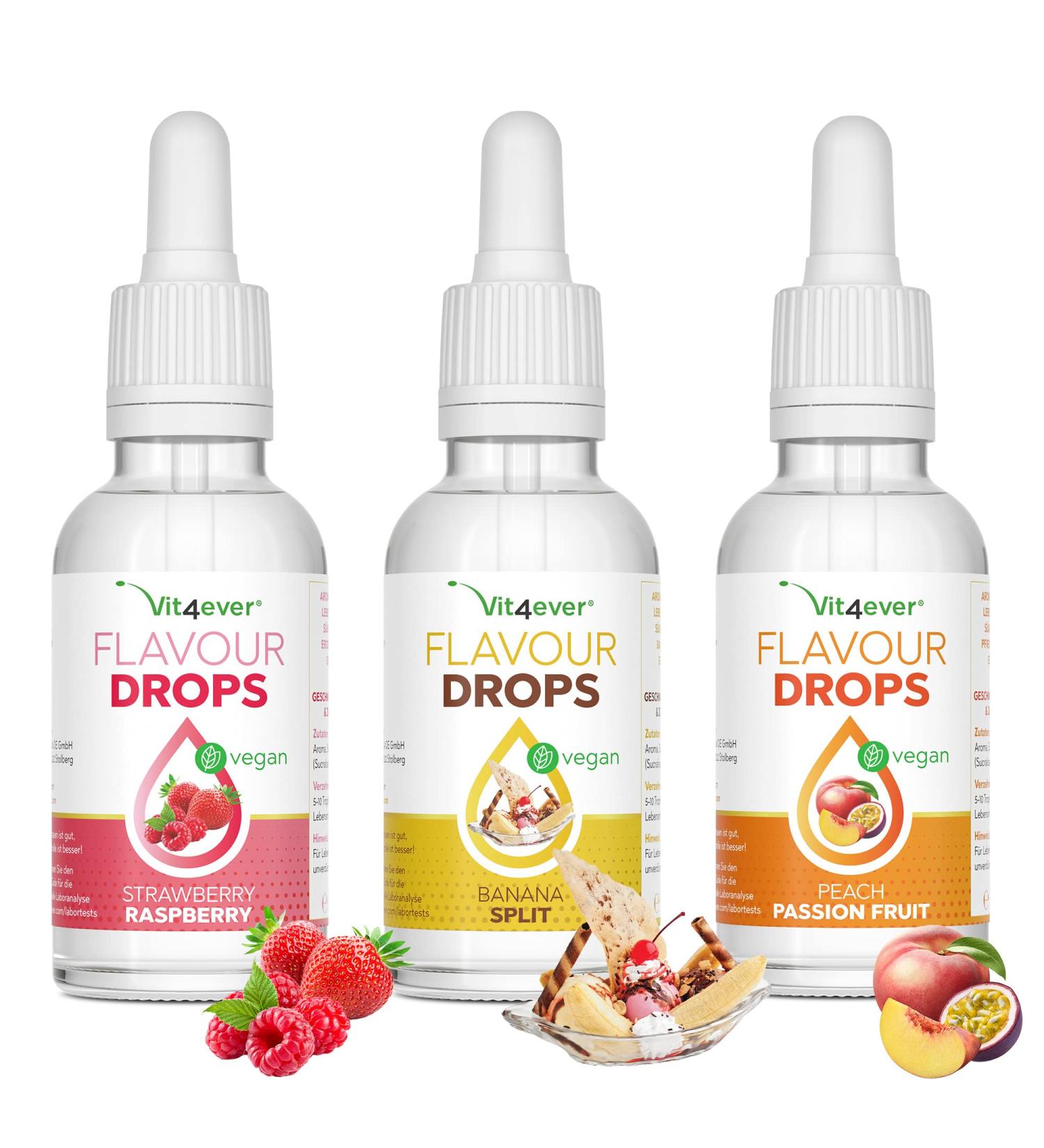 Flavor Drops 3x50ml Bundle - Calorie-Free Fruit Mix Flavors (Strawberry Raspberry Peach Passion Fruit Banana Split) - Flavrops - Buy Online on GoSupps.com