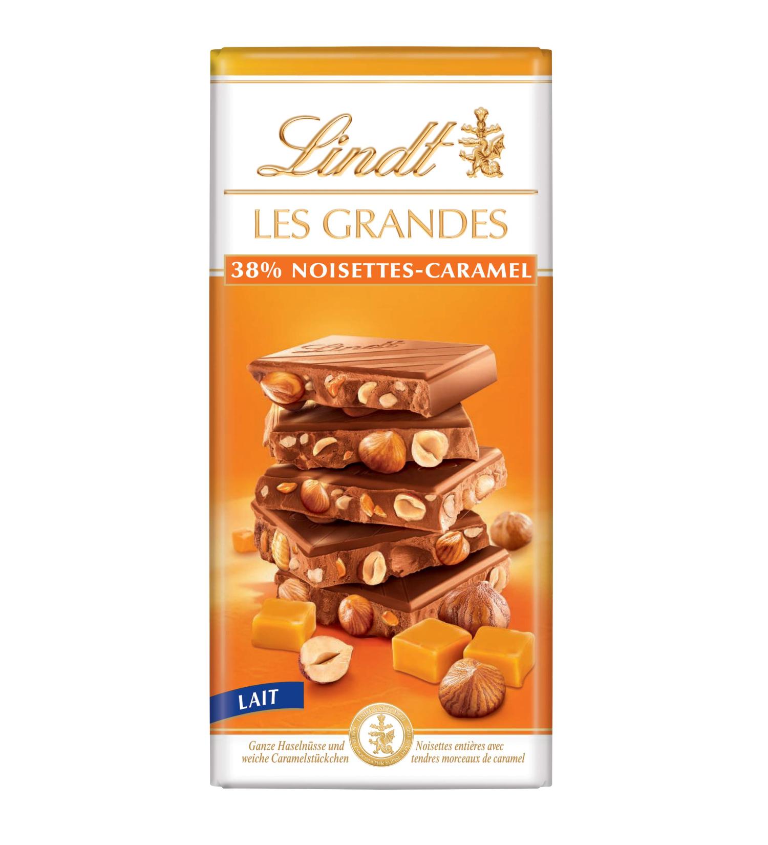 Lindt Milk Chocolate 38% Hazelnuts Caramel - Les Grandes - 150 g bar - Buy Online on GoSupps.com