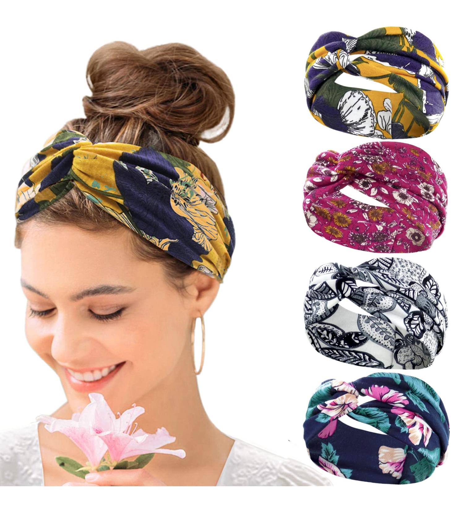 KAVYA Wide Headbands for Women's Hair Headband Soft Head Bands Adult Women Hairband Turban Flower Cotton Head band Everyday Yoga Sport Fitness Yellow blue white rose - Buy Online on GoSupps.com