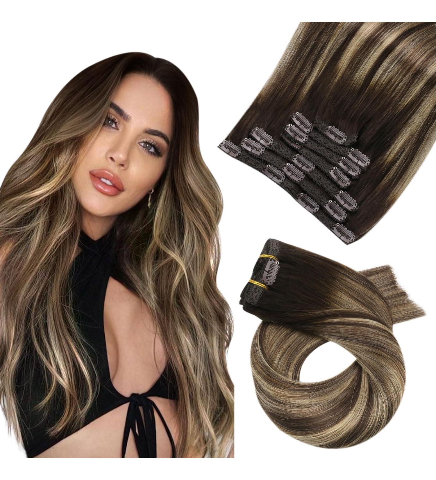 16 Dark Brown & Caramel Blonde Clip in Human Hair Extensions- 7pcs/120g - Buy Online on GoSupps.com
