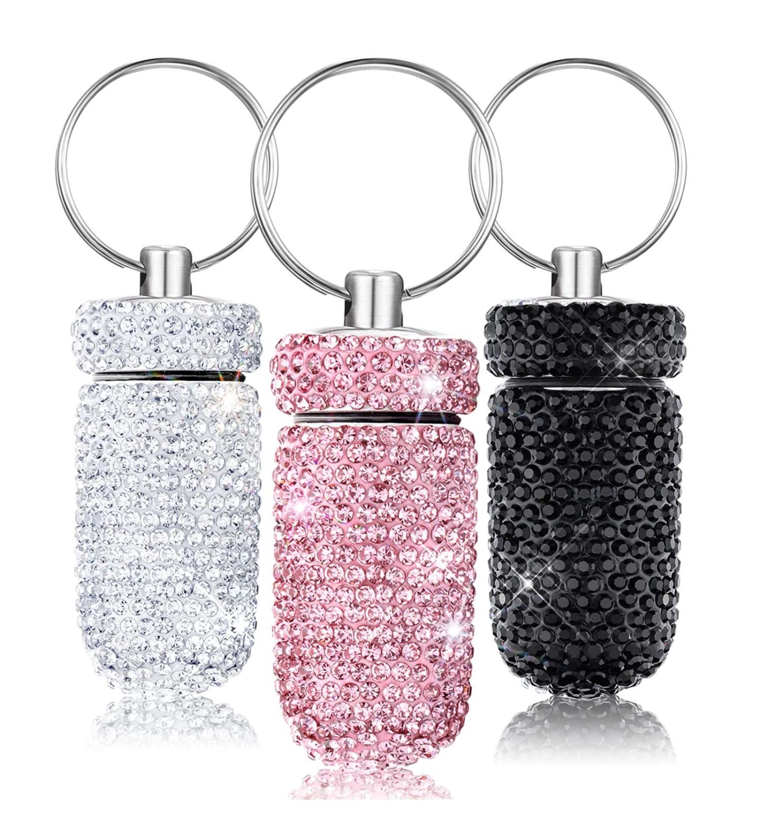 Soleebee 3-Piece Crystal Diamond Pill Box Keychain - Portable Waterproof Rhinestone Storage for Travel & Camping (Pink White Black - Buy Online on GoSupps.com