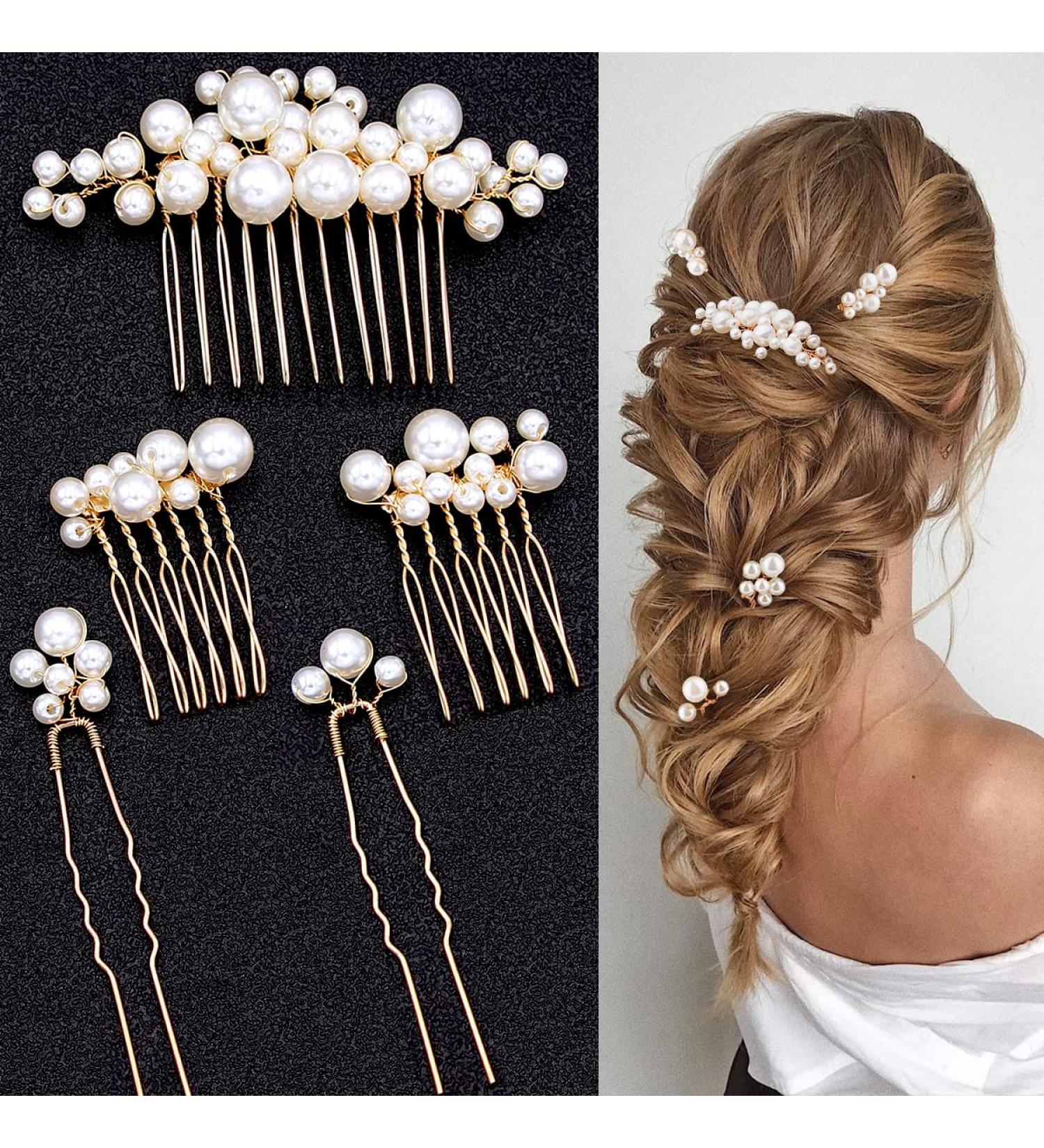 5-Piece Gold Bridal Wedding Hair Comb Set with Pearl Pins - Vintage Hair Accessories for Brides, Bridesmaids, and Flower Girls - Buy Online on GoSupps.com