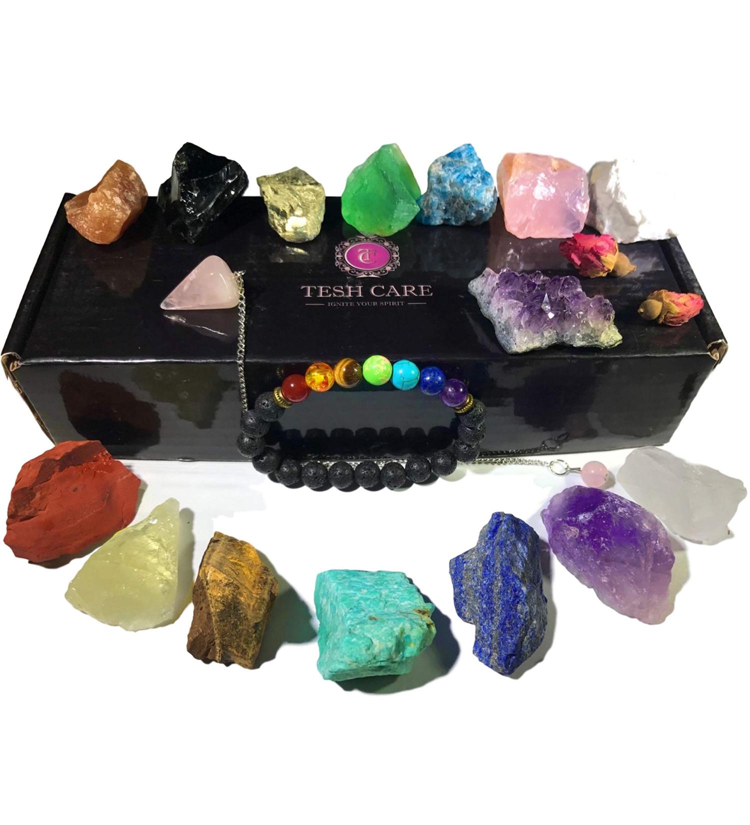 TESH CARE Chakra Therapy Starter Collection 17 pcs Healing Crystals kit 7 Raw Chakra Stones7 Colorful Gemstones AmethystRose Quartz PendulumChakra Lava BraceletDry RosesGuideCOAGift Ready - Buy Online on GoSupps.com