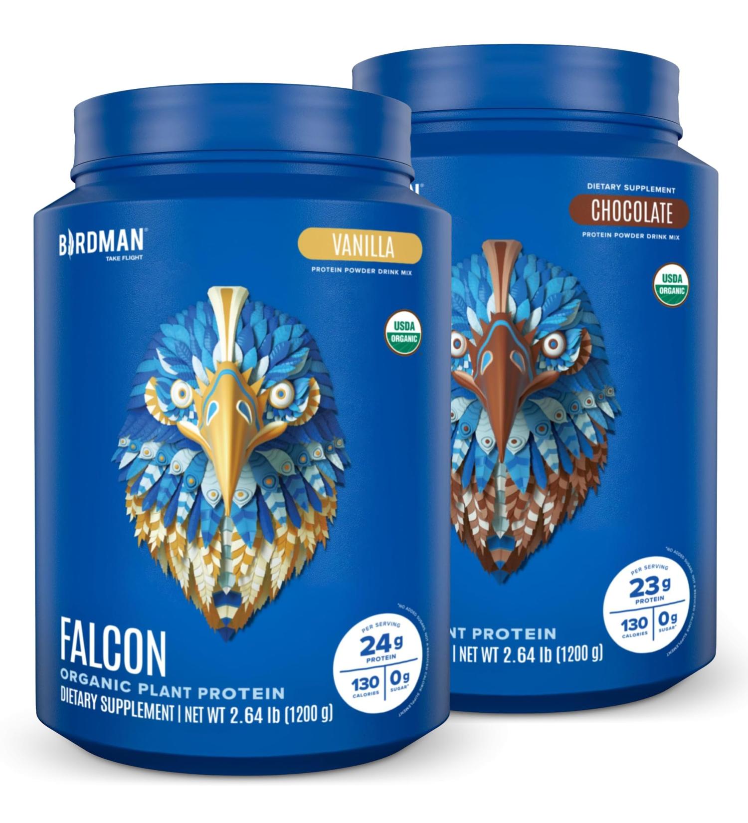 BIRDMAN Falcon Vegan Protein Powder Organic Stevia & Sugar Free Plant Based Low Carb Dairy Free Keto Non Whey Probiotic Pea Protein | Combo Pack: Vanilla & Chocolate Flavors - 40 Servings Each - Buy Online on GoSupps.com