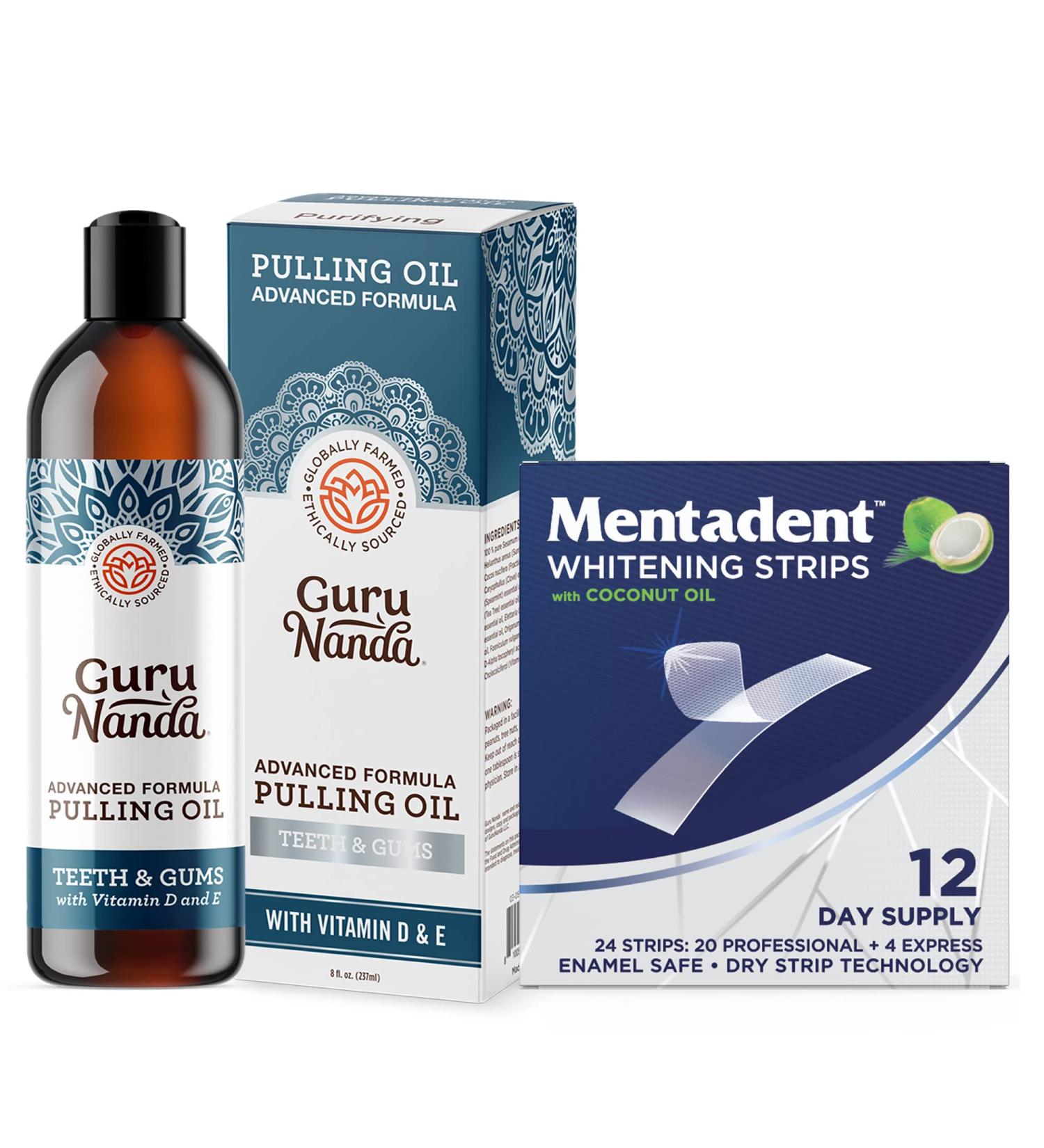 Natural Coconut Oil Mouthwash & Teeth Whitening Bundle - GuruNanda Oil Pulling & Mentadent Whitening Strips for Sensitive Teeth - Buy Online on GoSupps.com
