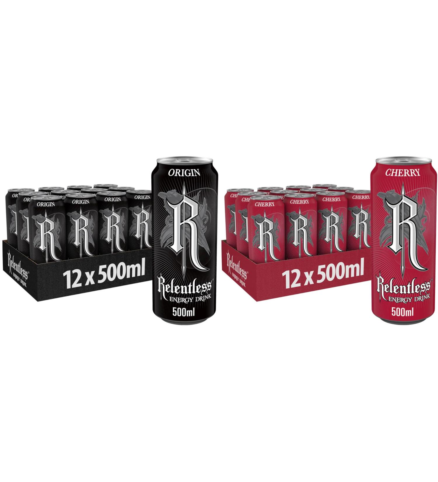 Relentless Energy Drinks 24 Pack 500ml 12 Cans of Origin & 12 Cans of Cherry By Shop 4 Less