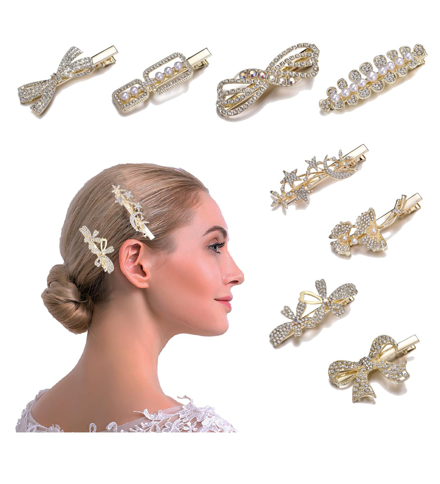 8 Pcs Rhinestone Alligator Hair Clips for Girls and Women - Pearl Crystal Hair Pins for Wedding - White - Buy Online on GoSupps.com