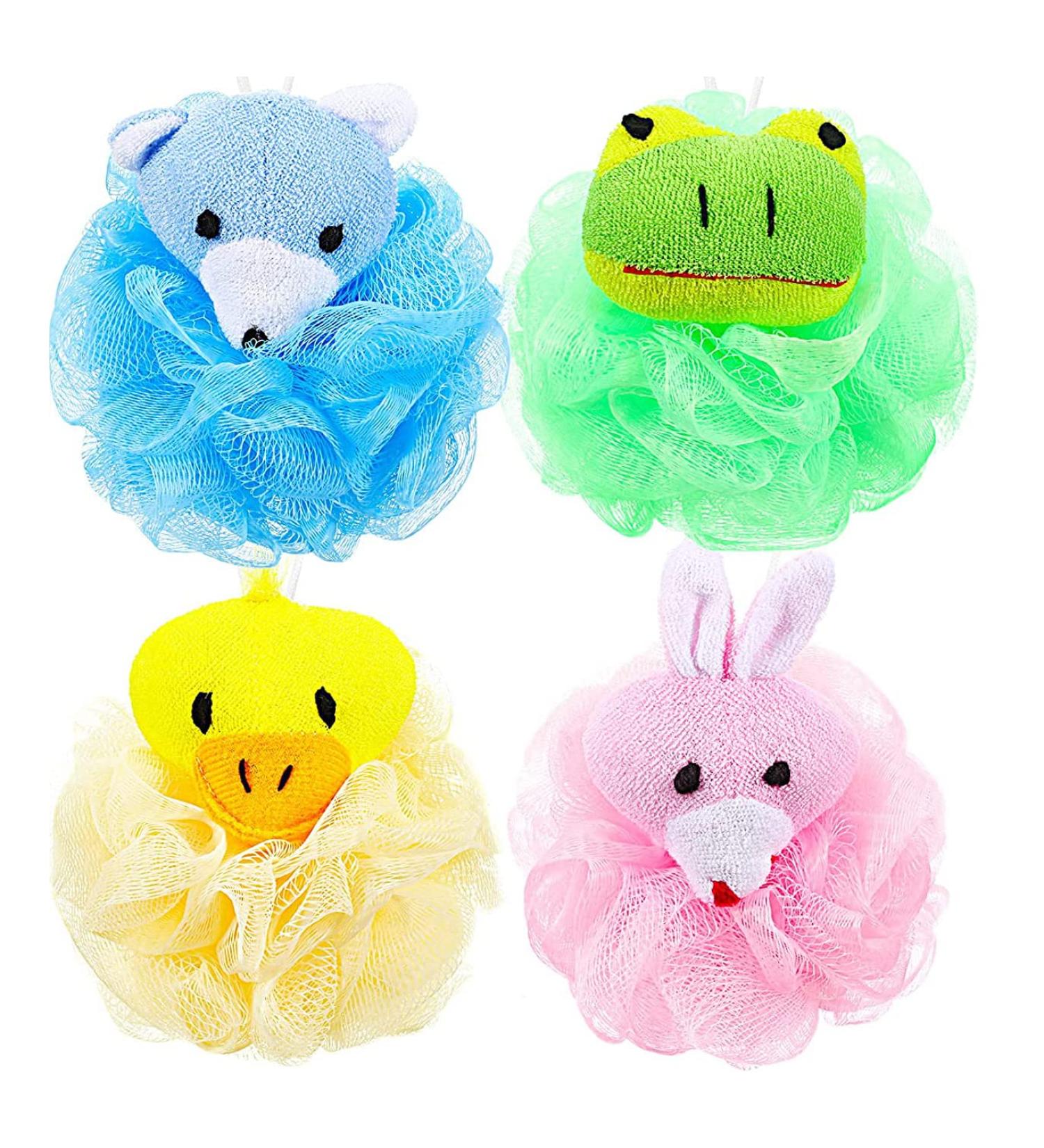 Animal Bath Sponge Body Scrubber Ball Loofah Pack of 4 Assorted Colors Pink Blue Yellow Green Mesh Shower Sponge Pouf with Hooks for Gentle Body Exfoliating Great for Kids Gifts