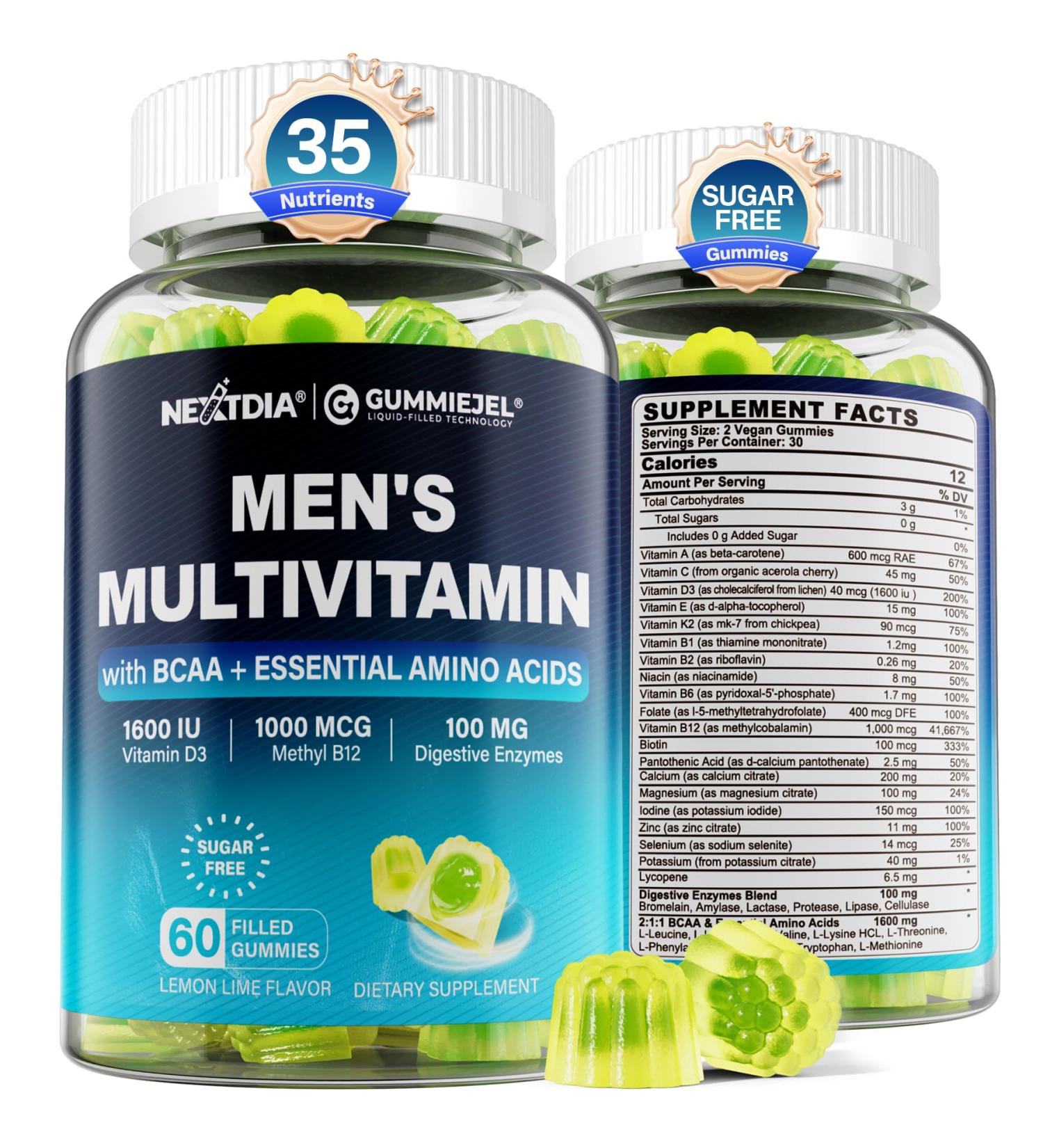 Methylated Multivitamin for Men Gummies BCAA Amino Acids Zinc Daily Vitamin A C D3 E K2 B Complex Calcium Magnesium Lycopene Digestive Enzymes - Energy Immune Muscle- Sugar Free Vegan 60Cts 60 Count (Pack of 1) - Buy Online on GoSupps.com
