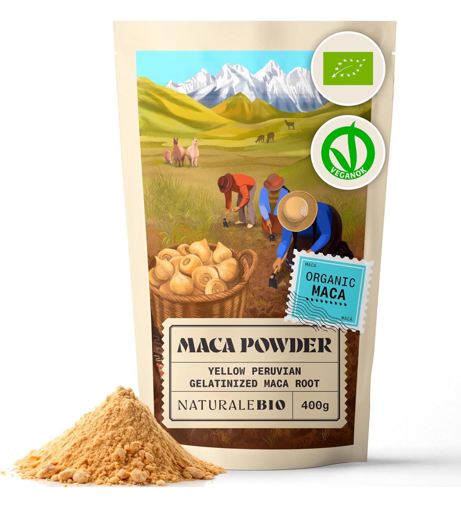 Organic Maca Powder 400g - Peruvian Superfood from Pure Maca Root - Vegetarian & Vegan Friendly - Gelatinised - NaturaleBio 400g - Buy Online on GoSupps.com