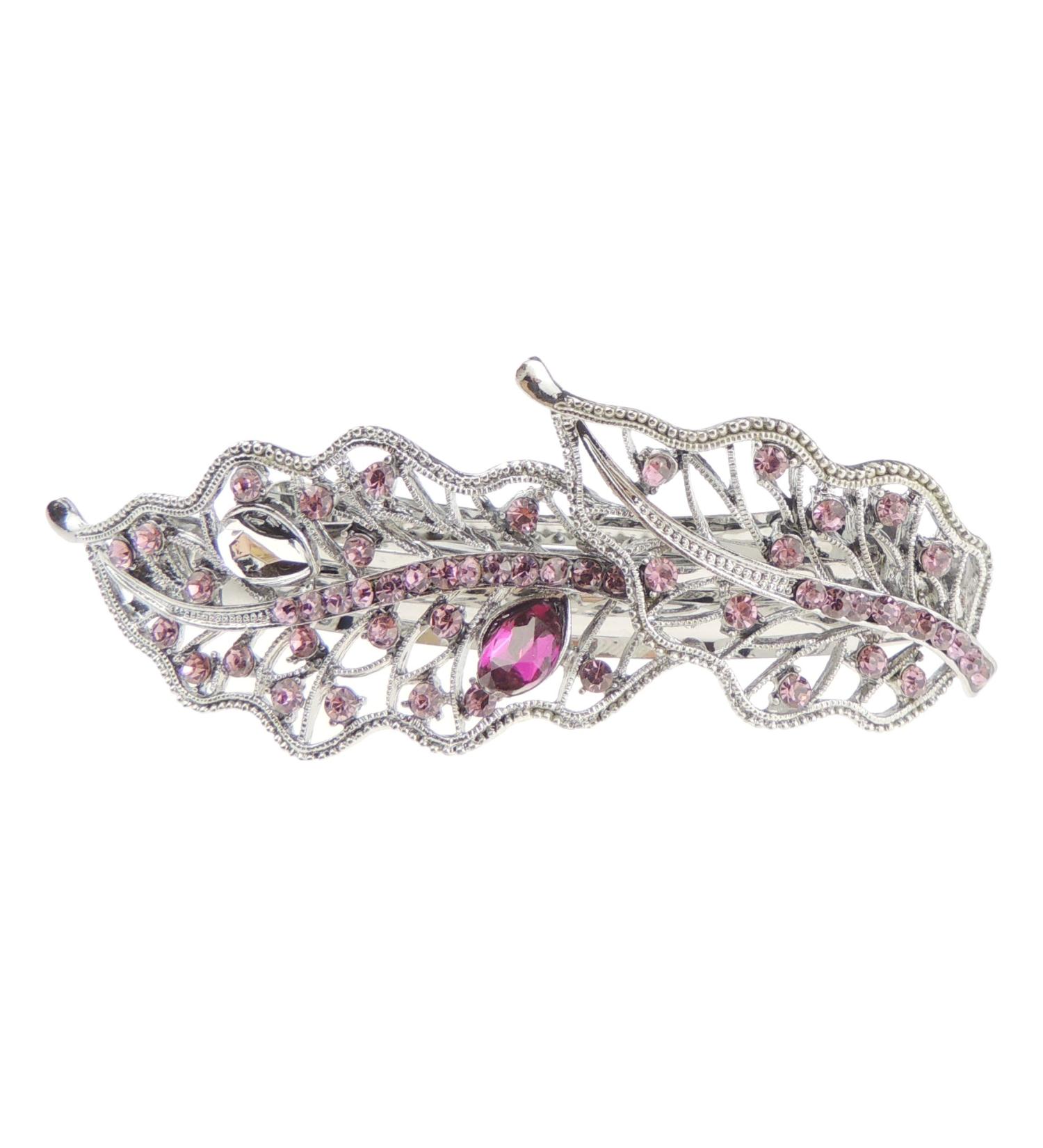 Ladies Vintage Look Silver Tone Metal Crystal Hair Barrette Stencil Leaves (Pink)