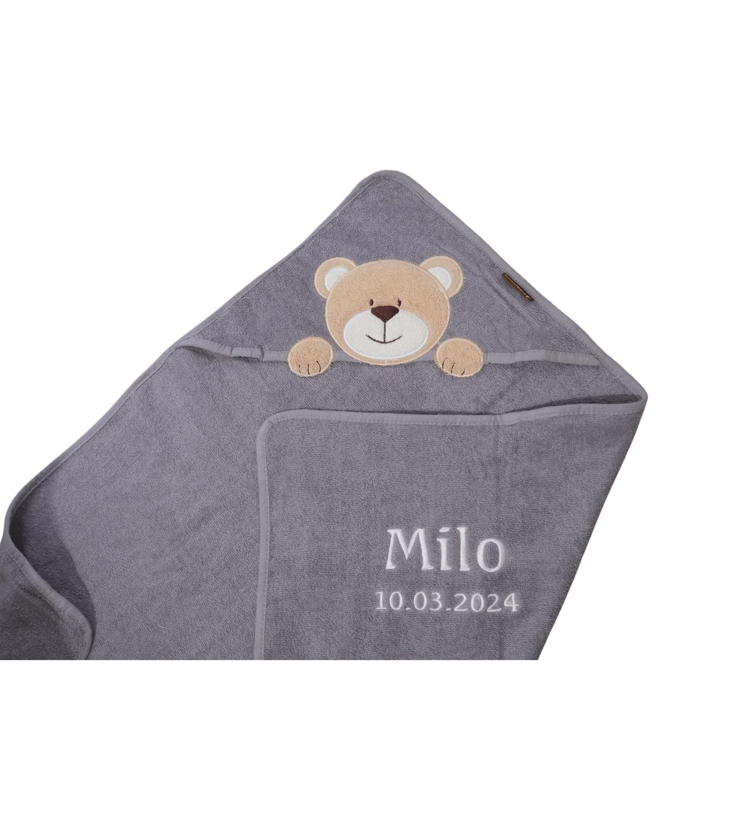 Hooded Towel with Embroidered Name - 100% Cotton Teddy Bear Design | 76x76 cm | Perfect Gift for Kids - Gray - Buy Online on GoSupps.com