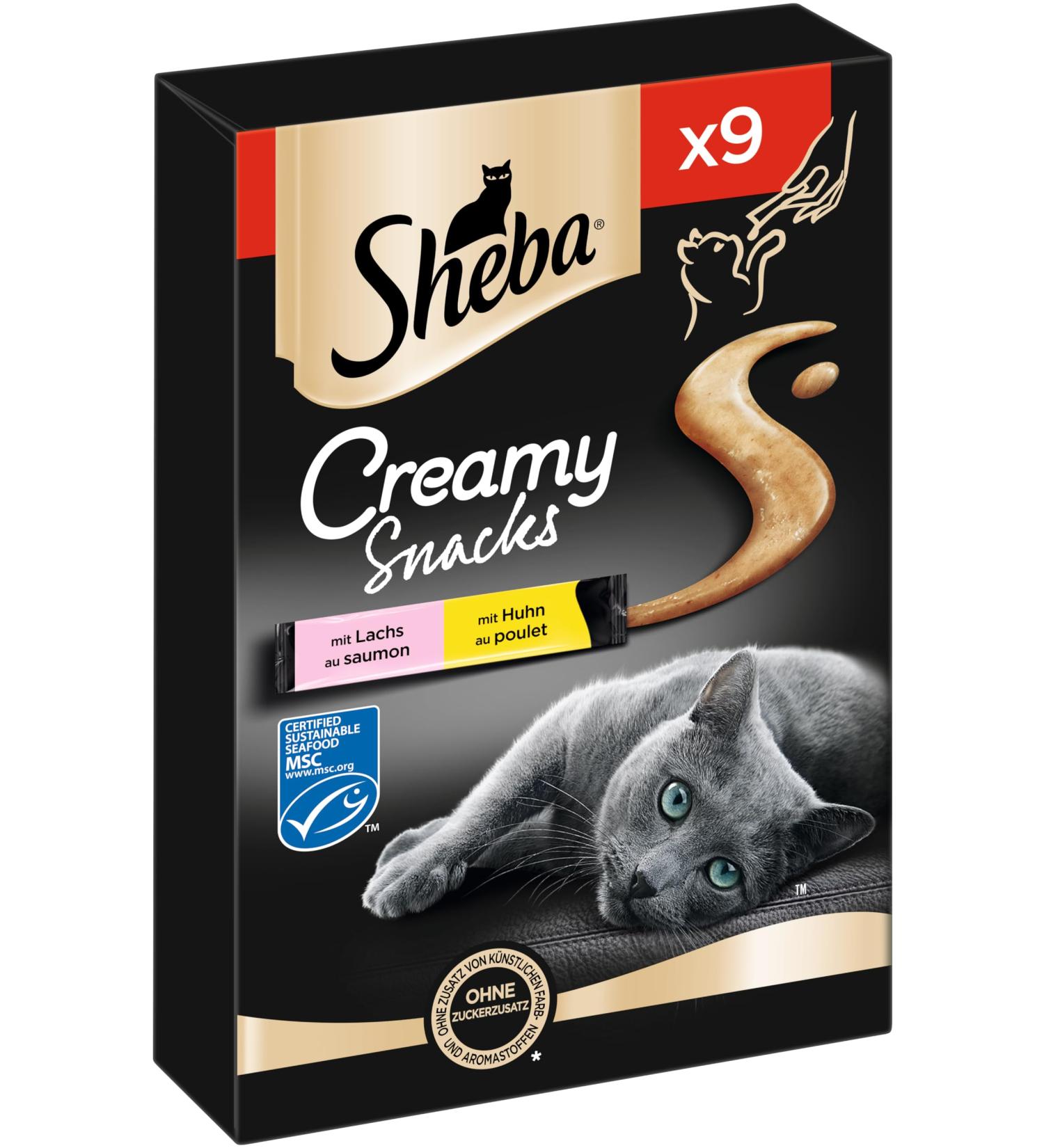 Buy Sheba Creamy Snacks for Cats - Lickable Chicken & Salmon Gel in Convenient Sticks - 63 Pack (7x9x12g) - Buy Online on GoSupps.com