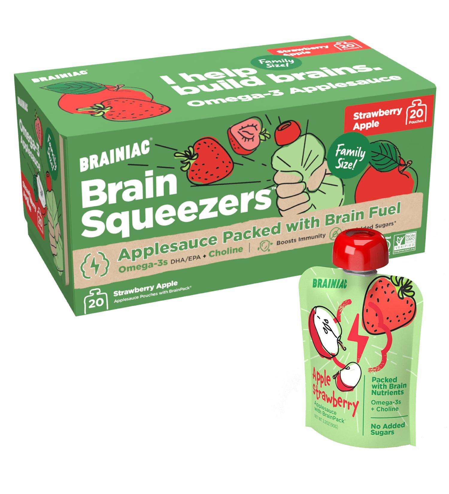 Brainiac Apple Strawberry Applesauce Pouches | 20 Count, 3.2 oz | Omega-3s, Vitamin C & Choline | Unsweetened & Immune Boosting | Healthy Snacks for Kids On-the-Go - Buy Online on GoSupps.com