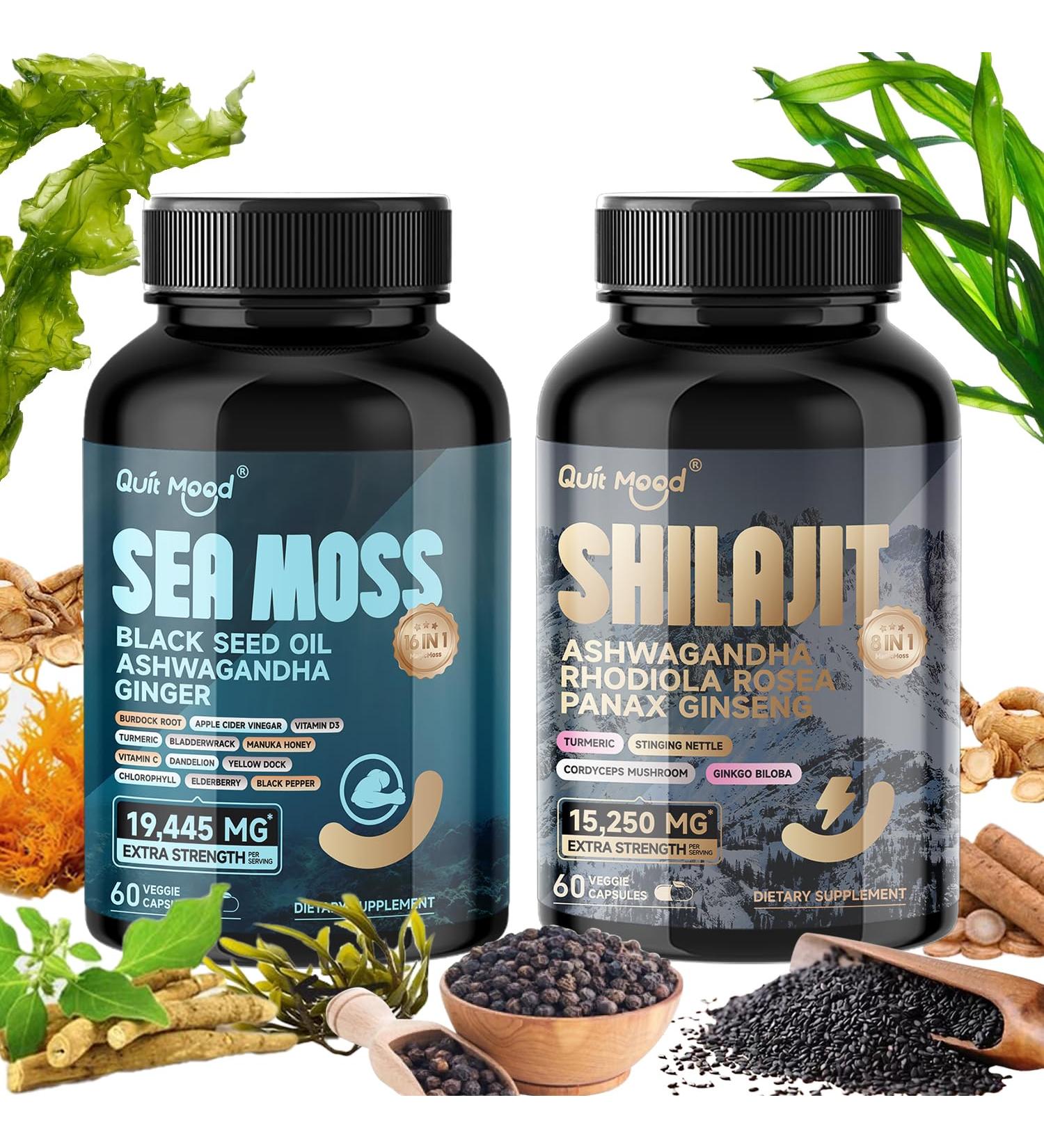 Sea Moss and shilajit Bundle 120 Capsules, with Seamoss, Black Seed Oil, Ashwagandha, Ginger, Burdock Root, Turmeric, Black Pepper Healthcare Dietary, All-in-One Multivitamin Combo Black Seed Oil - Buy Online on GoSupps.com